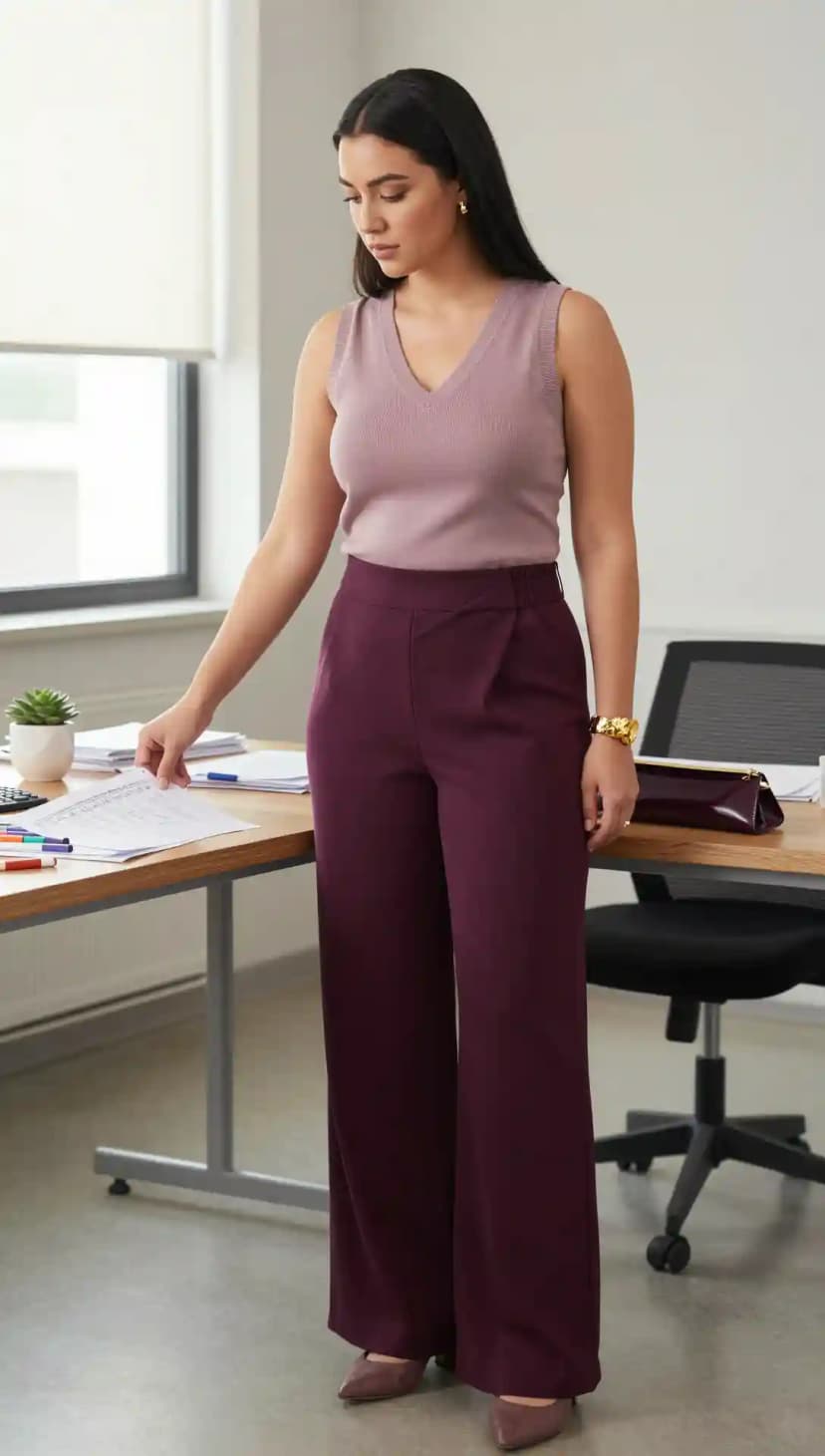 Mauve V-Neck Sleeveless Top + Burgundy Wide-Leg Pants