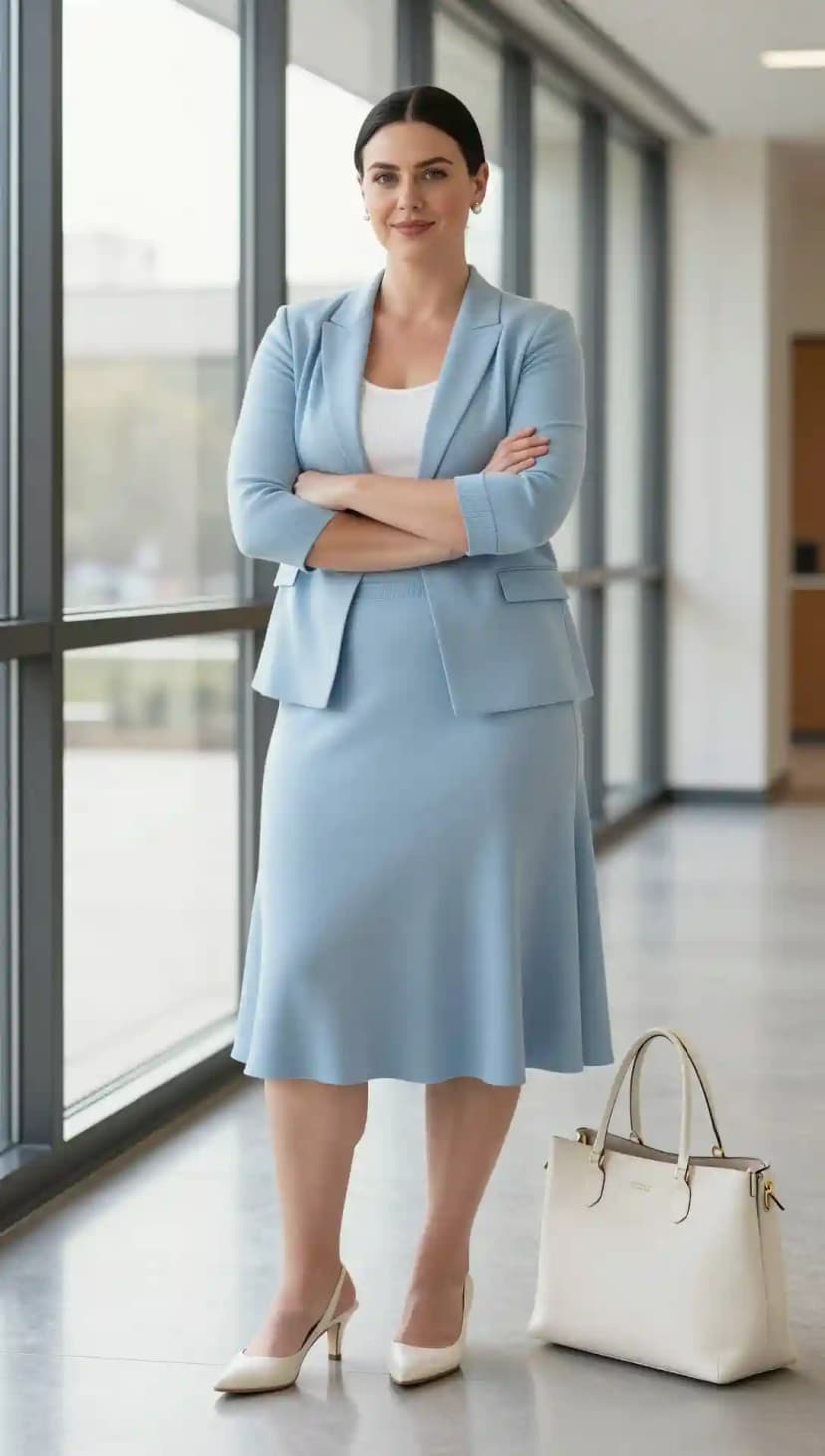 Light Blue Knit Blazer + Matching Midi Skirt + White Tank Top