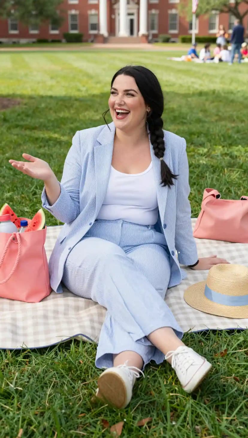 Light Blue Seersucker Blazer + Matching Pants + White Tank Top