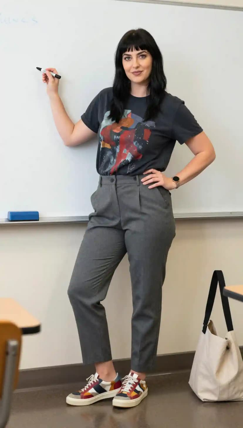 Graphic T-Shirt + Grey Pleated Trousers + Colorful Sneakers