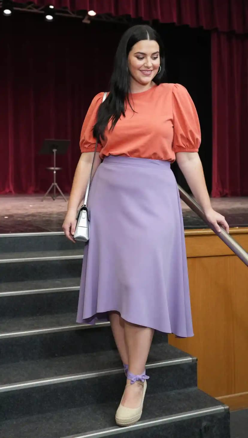 Orange Puff-Sleeve Top + Lilac Midi Skirt + Espadrille Wedges