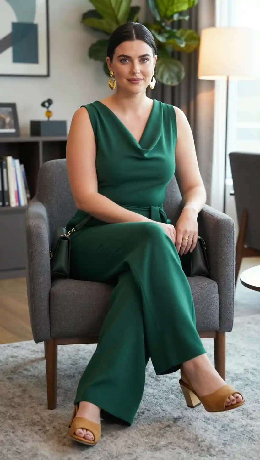 Emerald Green Jumpsuit + Gold Statement Earrings + Tan Block Heels