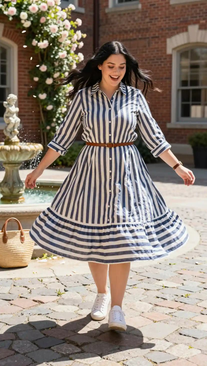 Blue and White Striped Midi Dress + Brown Belt + White Sneakers