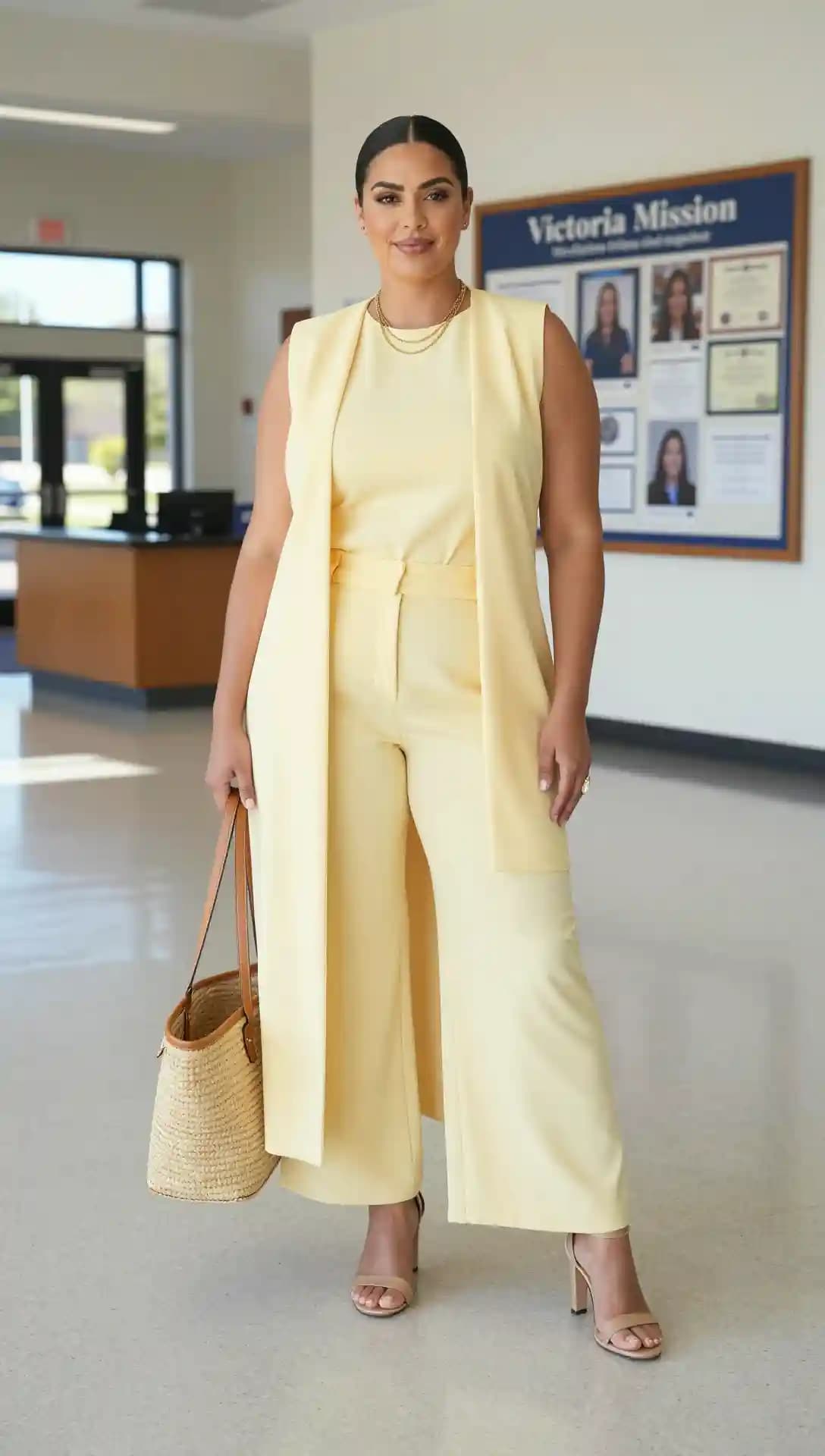 Pale Yellow Sleeveless Vest + Wide-Leg Trousers + Strappy Heels