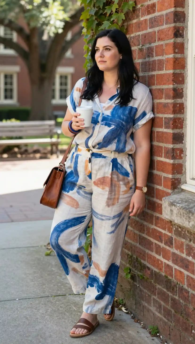 Abstract Print Linen Shirt + Abstract Print Linen Trousers + Brown Leather Crossbody Bag + Brown Slide Sandals