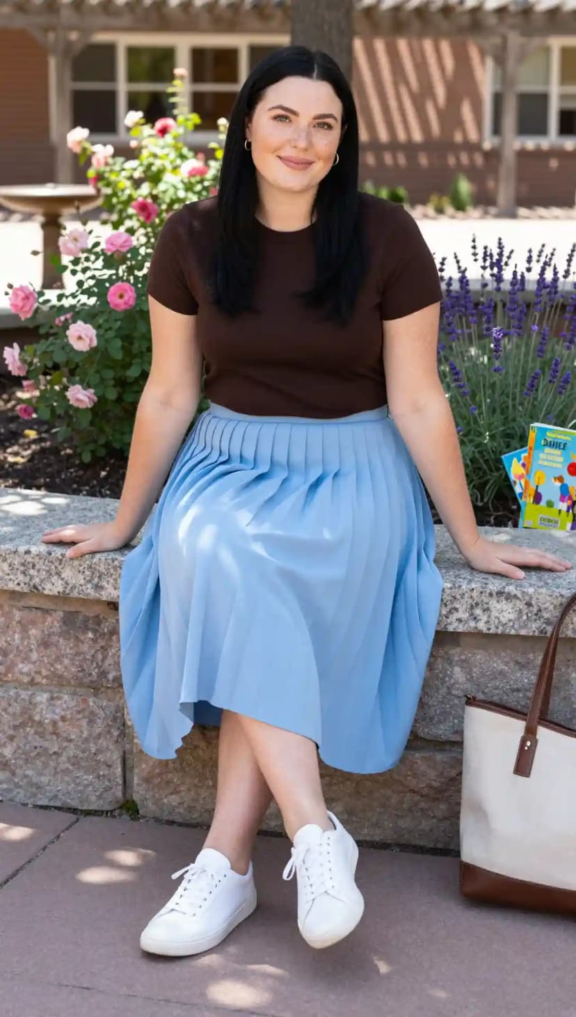 Brown Short Sleeve Top + Light Blue Pleated Midi Skirt + White Sneakers