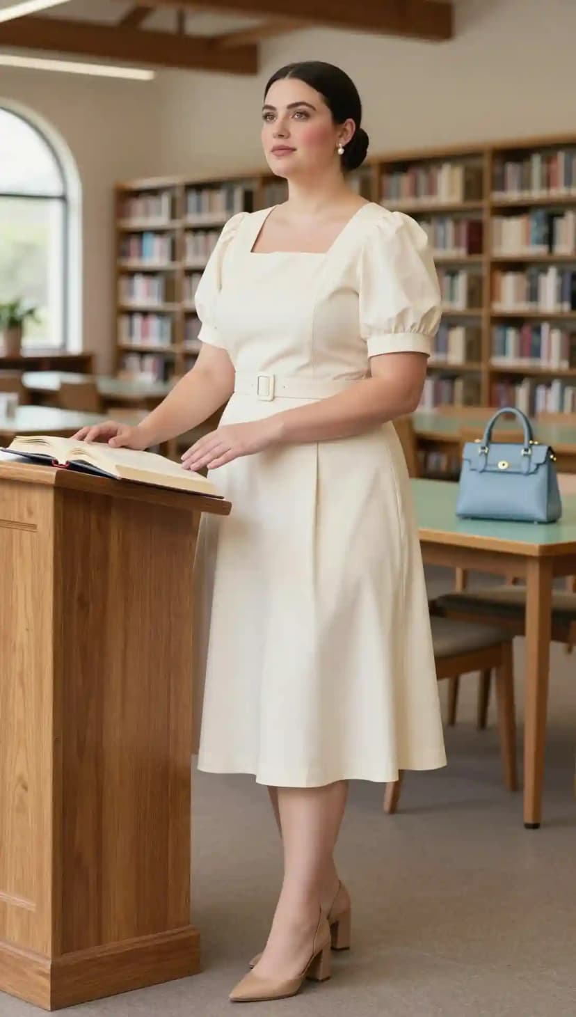 Cream Puff Sleeve Midi Dress + Beige Block Heels + Light Blue Satchel Bag