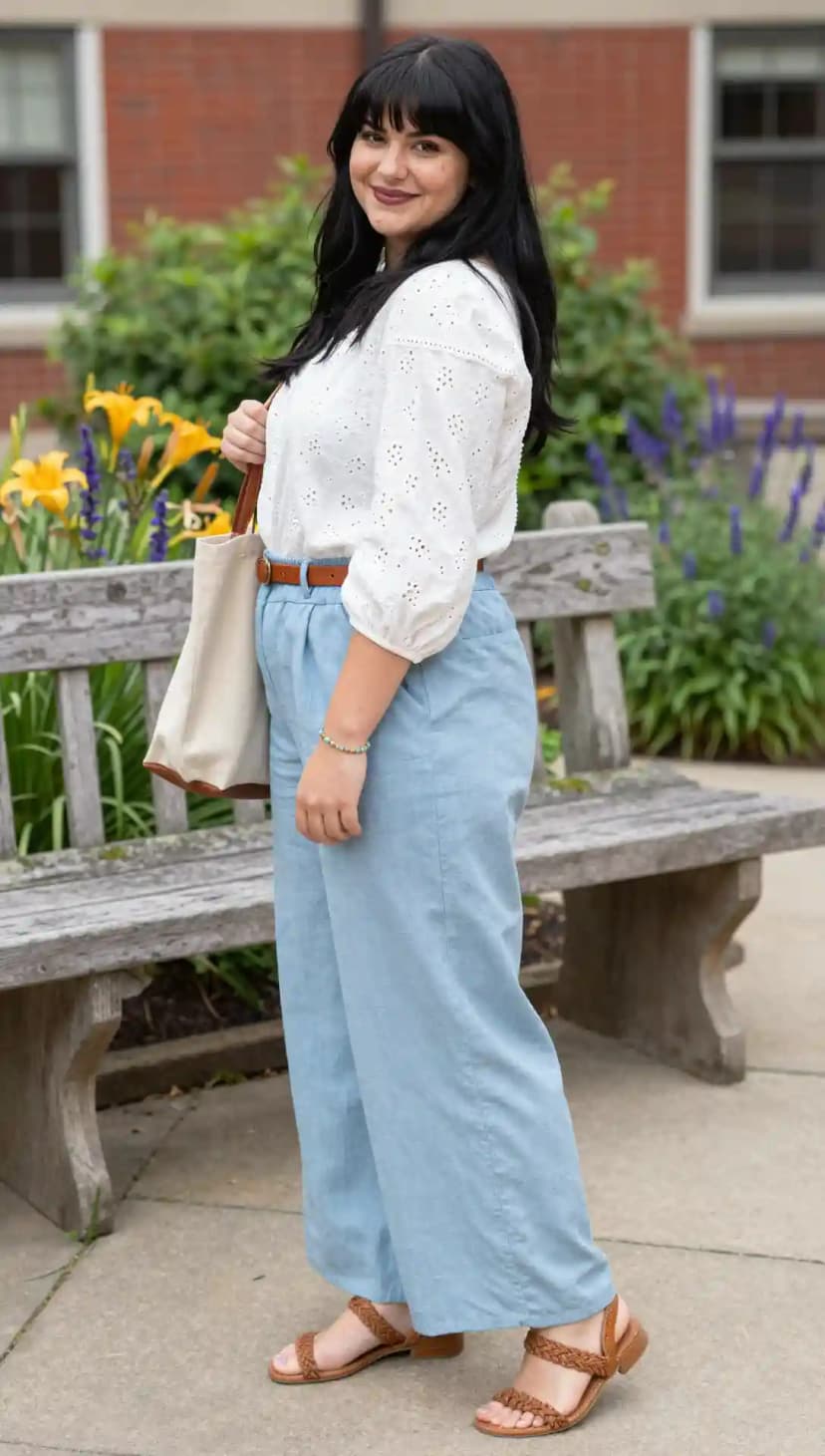 White Eyelet Top + Light Blue Wide-Leg Pants + Brown Woven Sandals