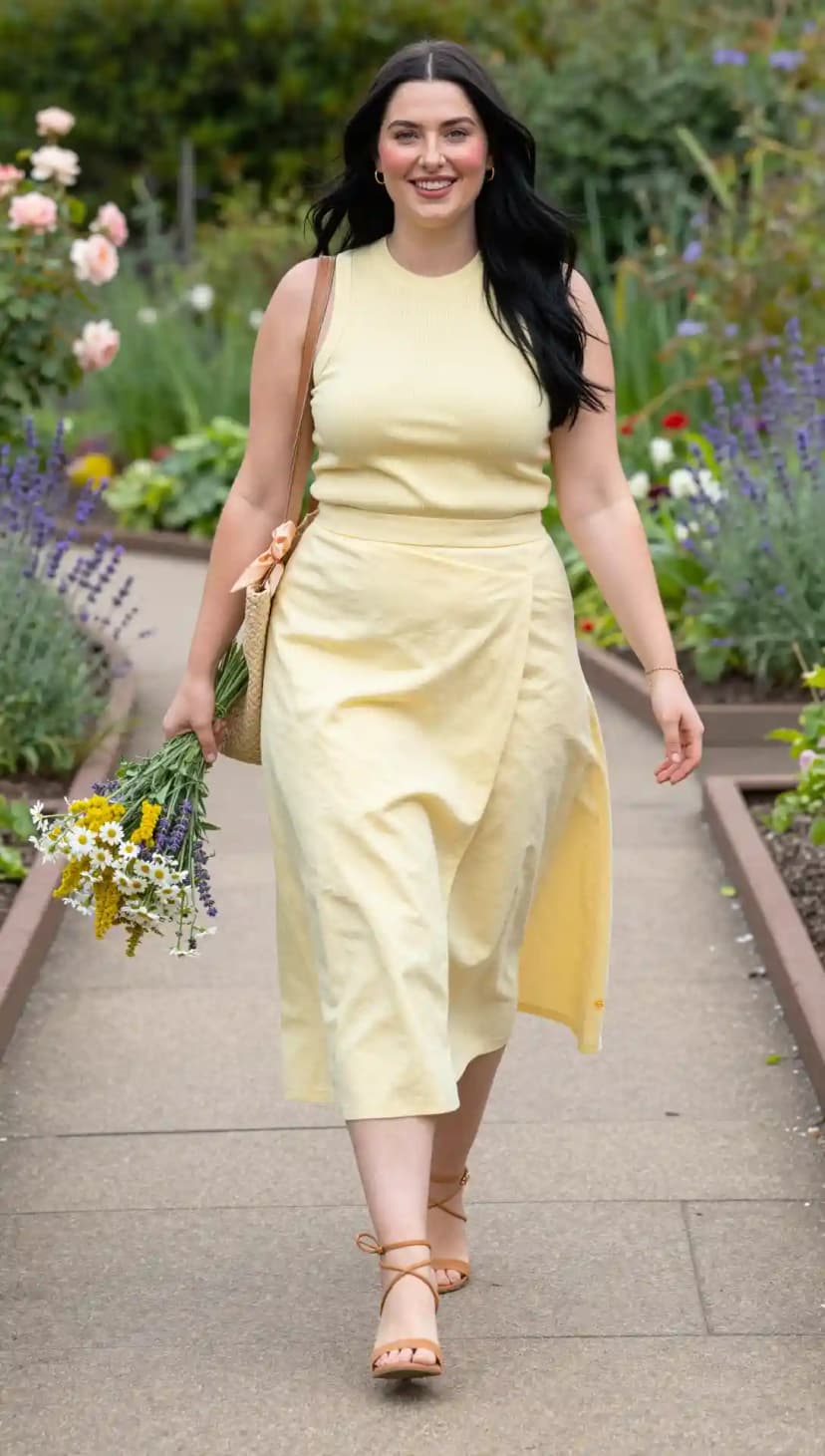 Ribbed Knit Tank + Wrap Midi Skirt + Straw Tote Bag + Lace-Up Heels