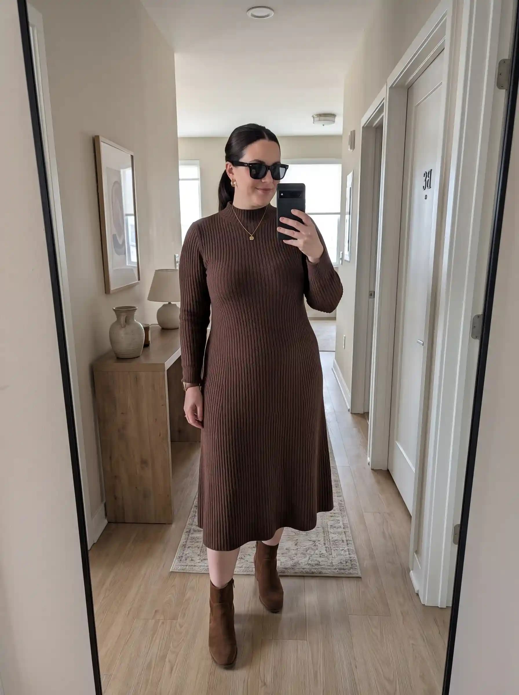 Brown Ribbed Midi Dress