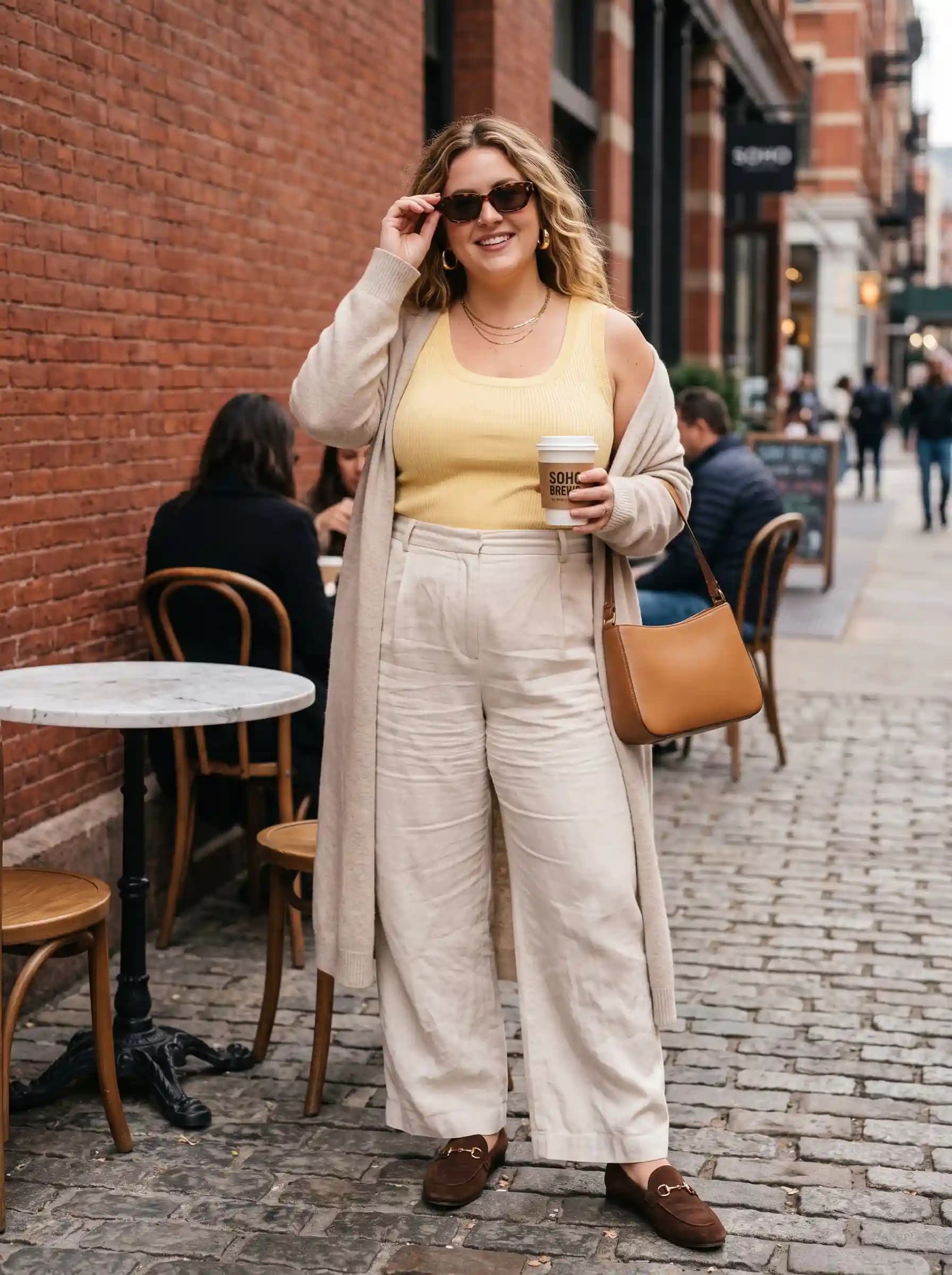 Light Yellow Ribbed Tank Top + Beige Wide-Leg Pants + Long Beige Cardigan
