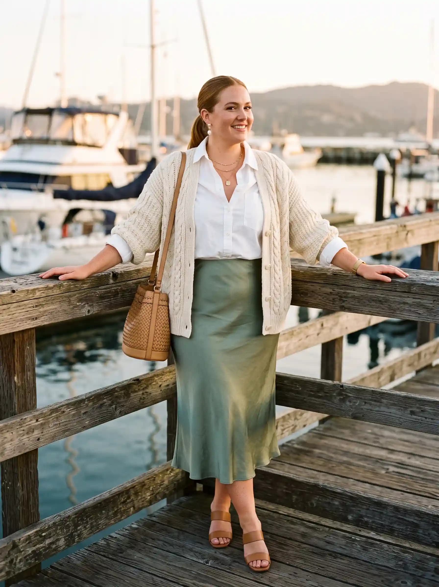 White Button-Up Shirt + Sage Green Slip Midi Skirt + Cream Cable-Knit Cardigan