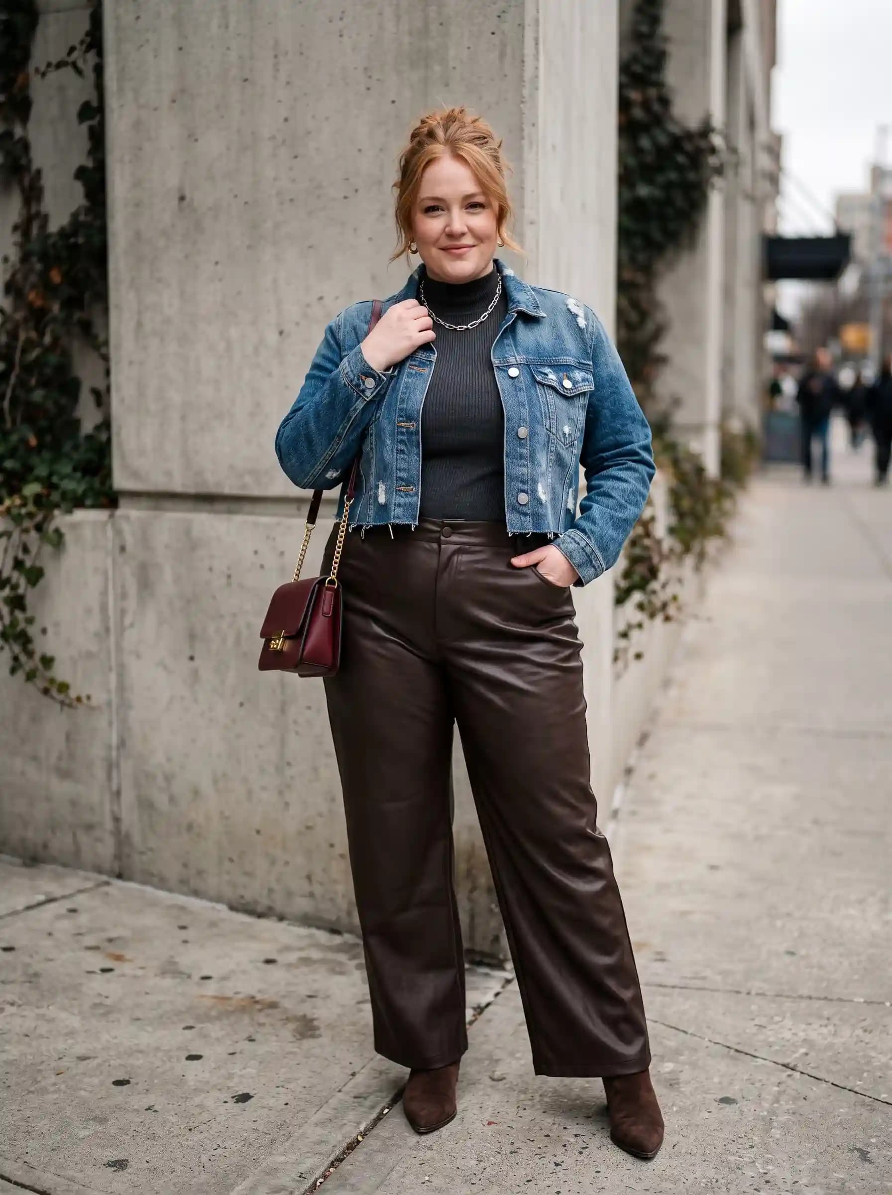 Dark Grey Ribbed Top + Distressed Denim Jacket + Brown Wide-Leg Pants