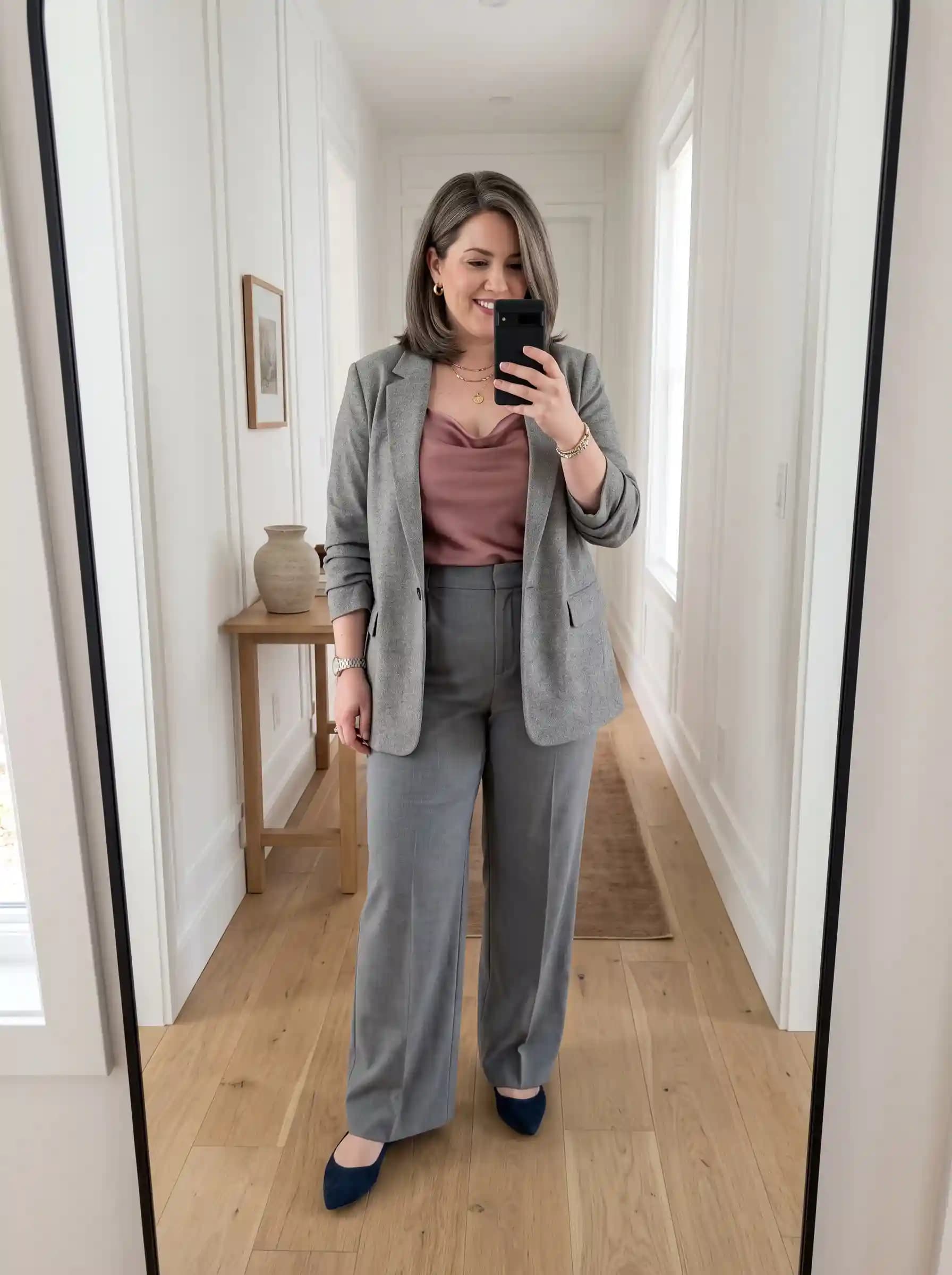 Grey Blazer + Pink Satin Camisole + Grey Wide-Leg Trousers