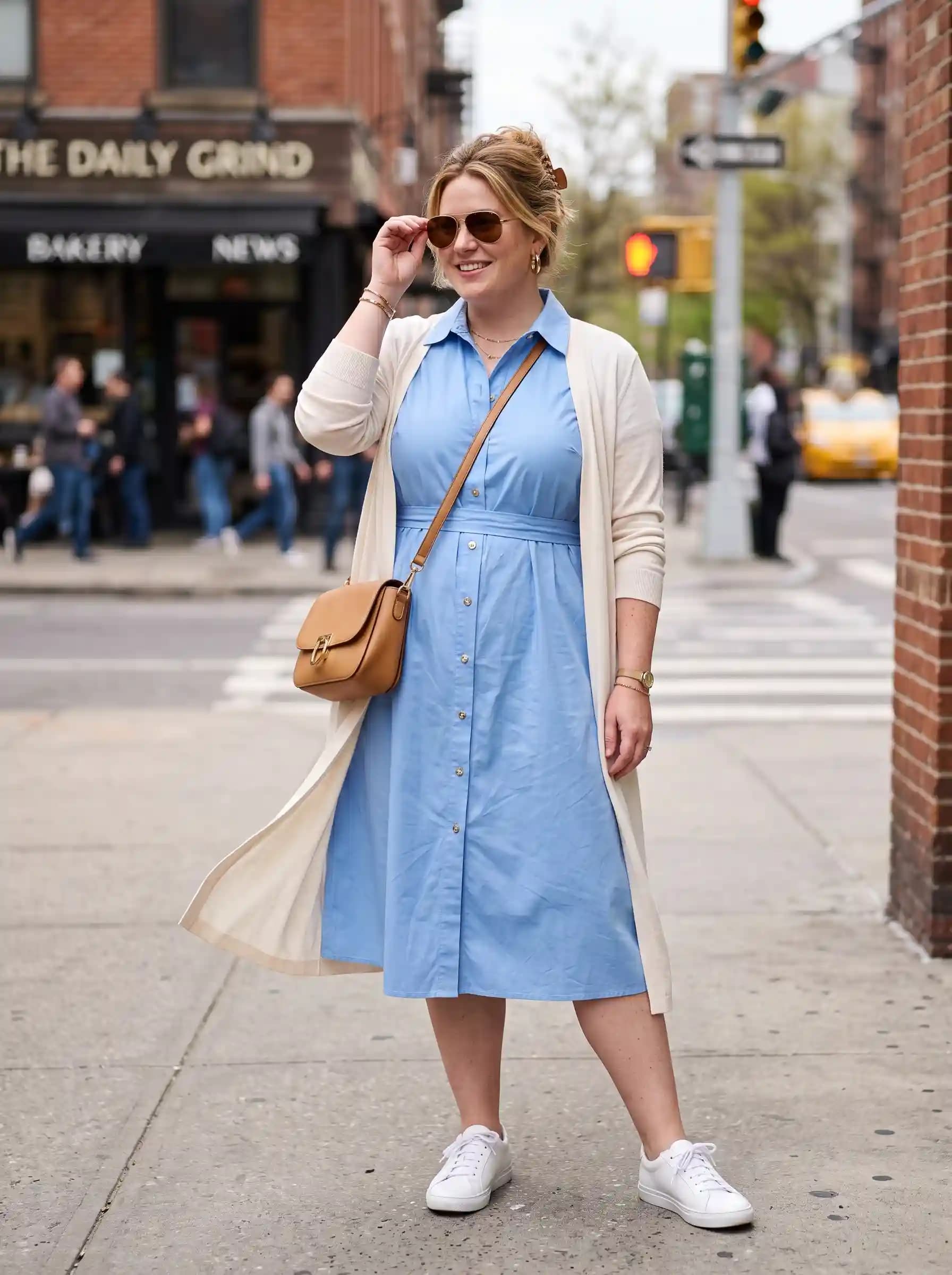 Light Blue Shirtdress + Cream Long Cardigan