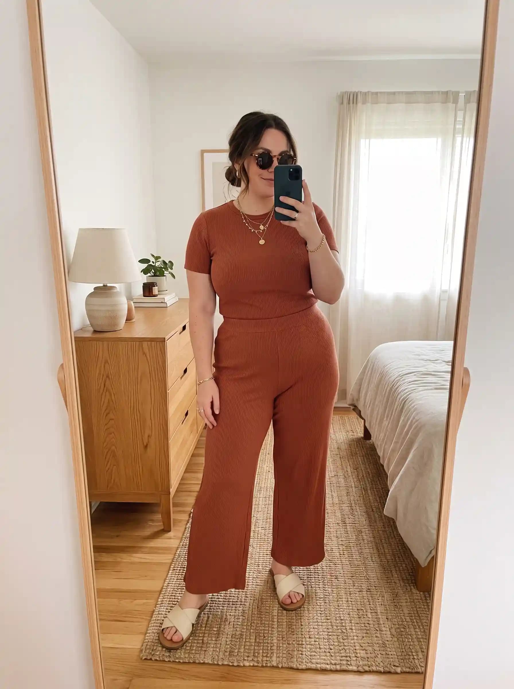 Rust Ribbed Top + Rust Wide-Leg Pants