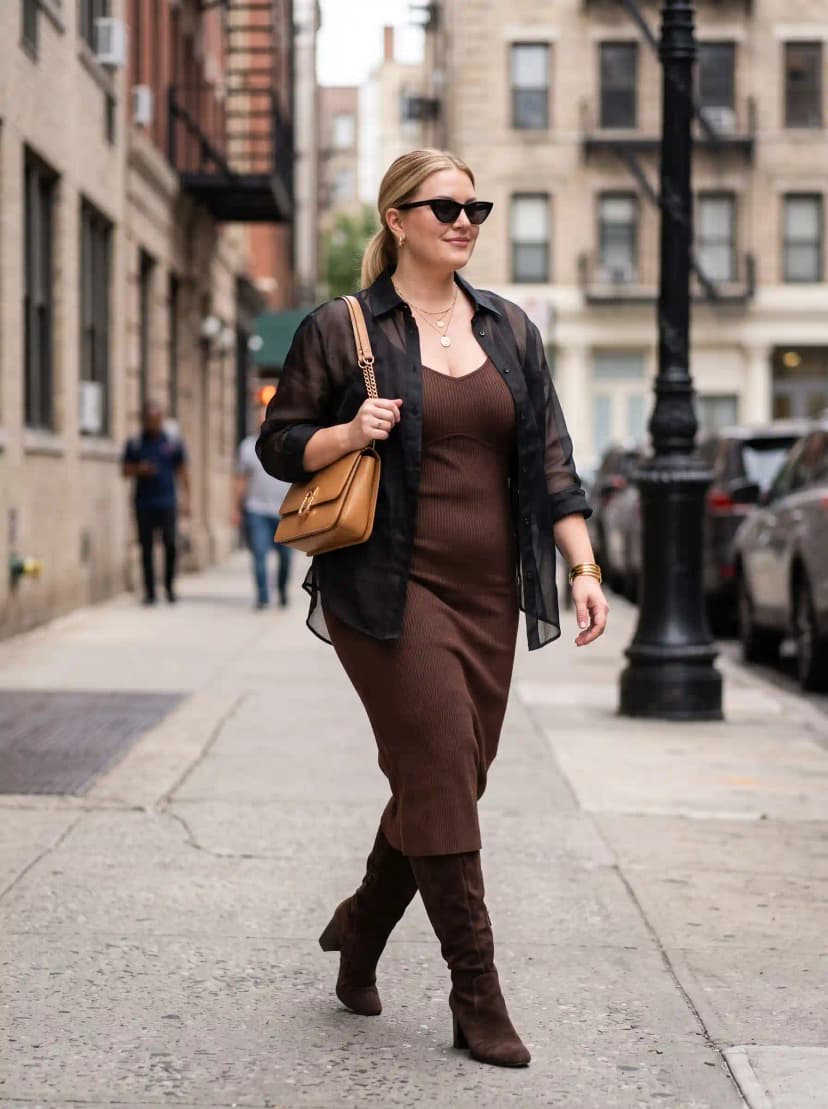 Brown Ribbed Midi Dress + Black Sheer Button-Up Shirt