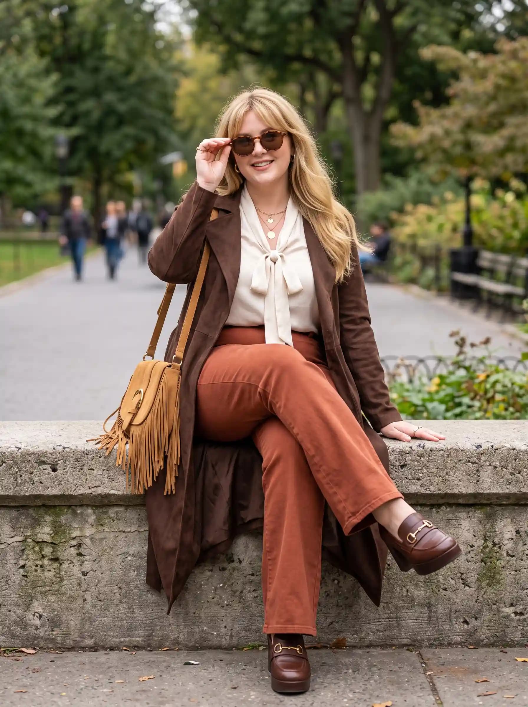 Ivory Bow-Neck Blouse + Rust Wide-Leg Pants + Brown Duster Coat