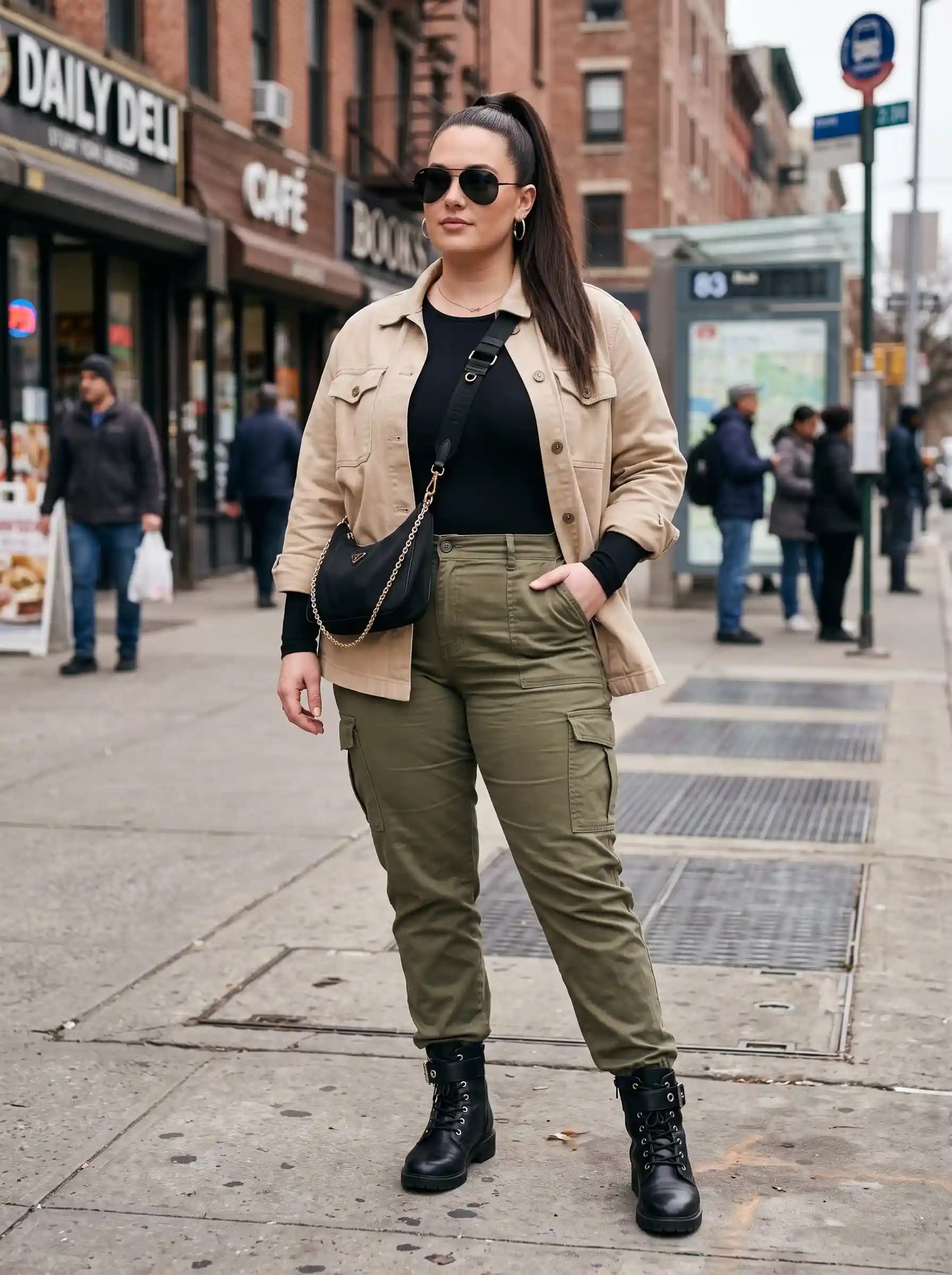Khaki Utility Jacket + Black Long-Sleeve Top + Olive Green Cargo Pants