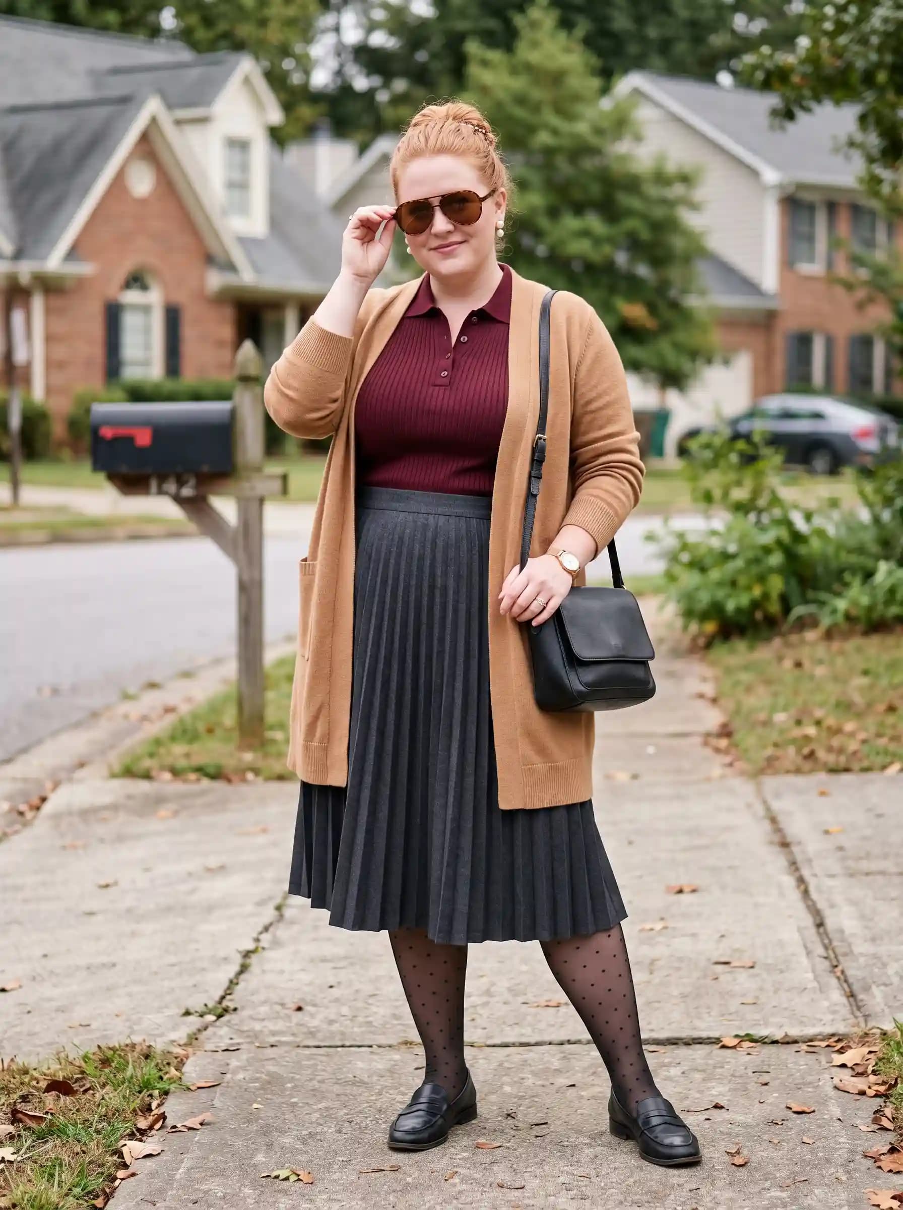 Burgundy Polo Shirt + Grey Pleated Midi Skirt + Camel Cardigan