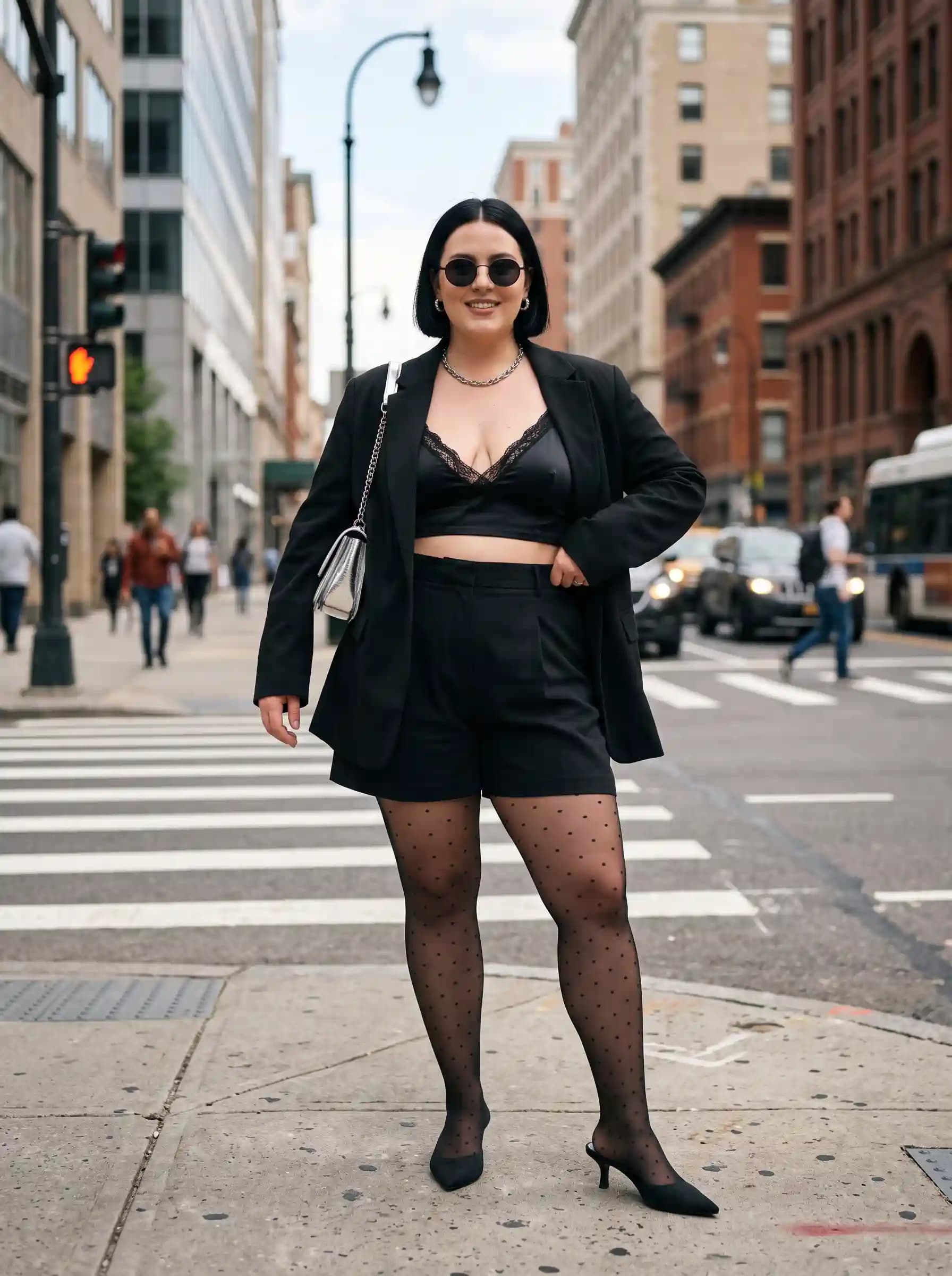 Black Blazer + Black Bralette + Black Shorts + Polka Dot Tights