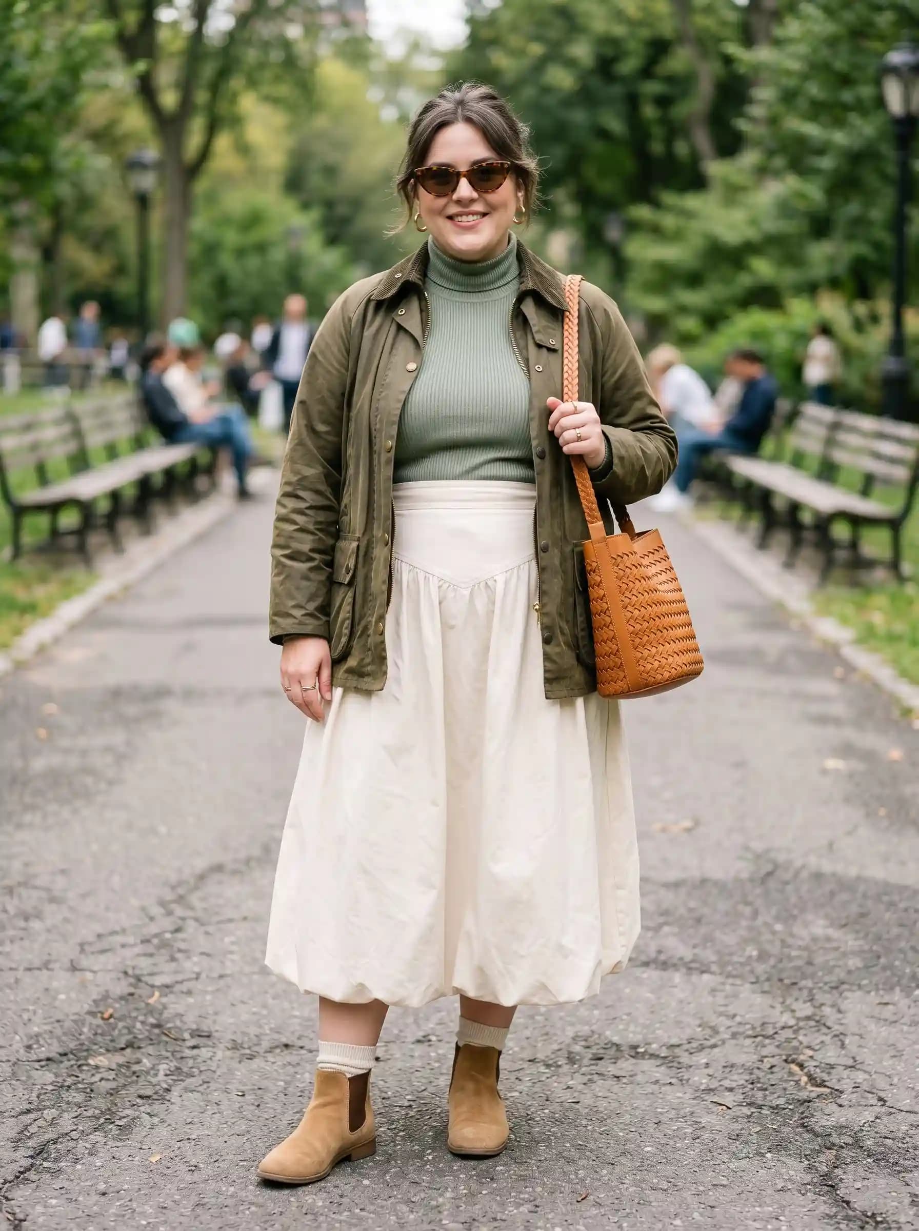 Olive Green Utility Jacket + Olive Green Turtleneck + Cream Bubble-Hem Midi Skirt