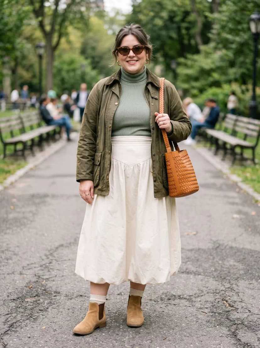 Olive Green Utility Jacket + Olive Green Turtleneck + Cream Bubble-Hem Midi Skirt