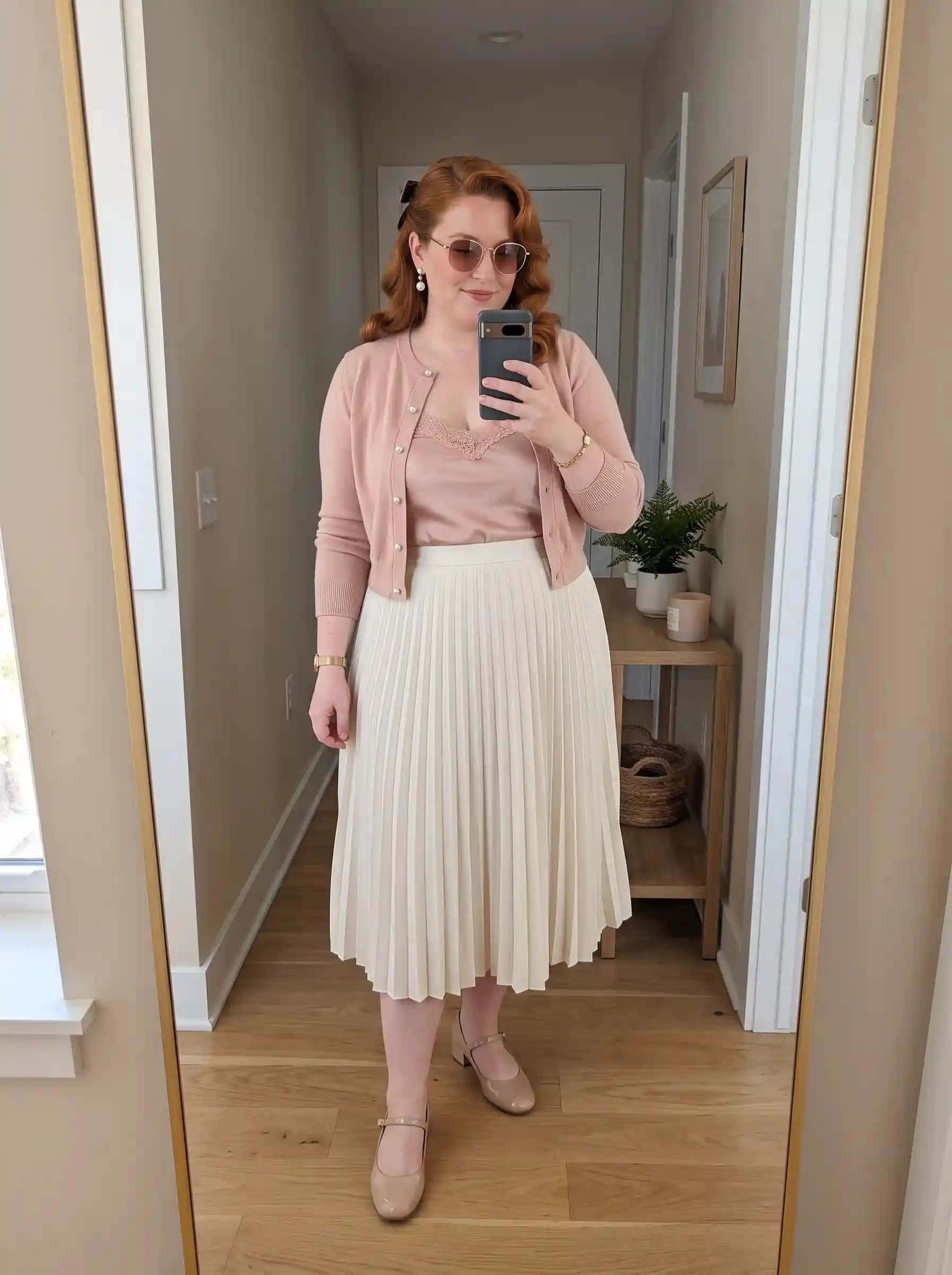 Pink Cardigan + Pink Lace Trim Cami + Cream Pleated Midi Skirt