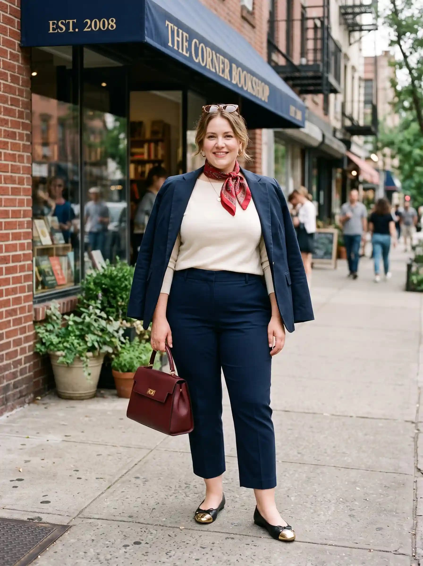 Navy Blazer + Cream Sweater + Navy Trousers