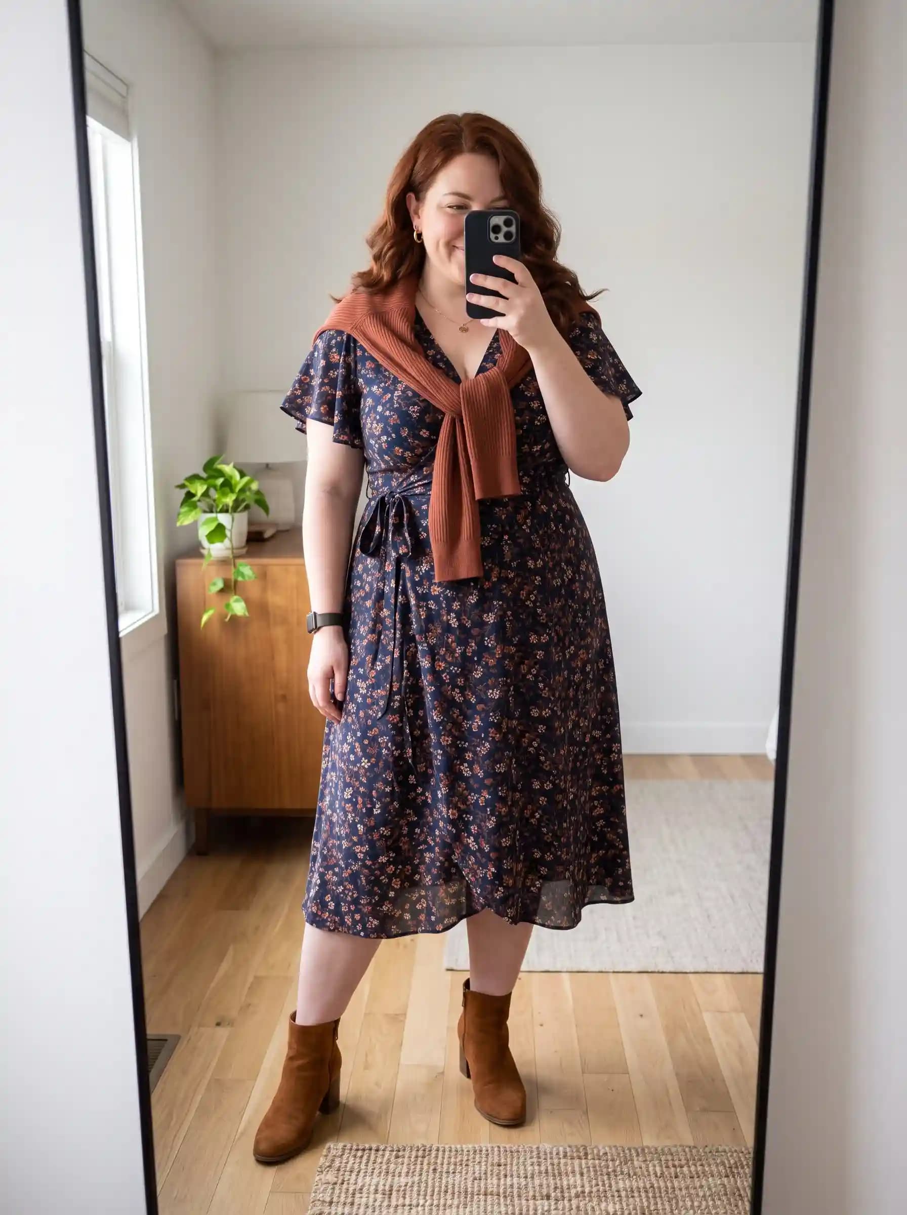 Navy Floral Print Wrap Dress + Brown Sweater