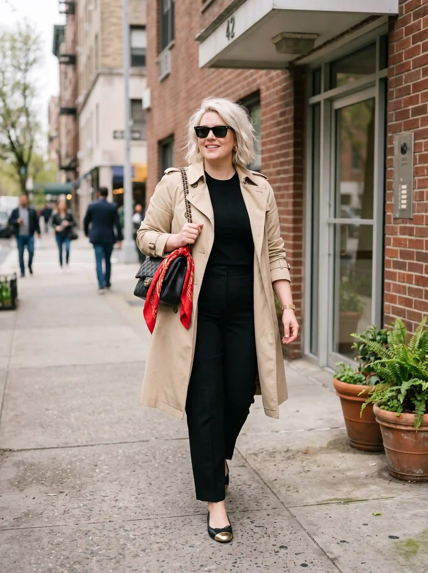 Black Long-Sleeve Top + Black Tailored Pants + Beige Trench Coat
