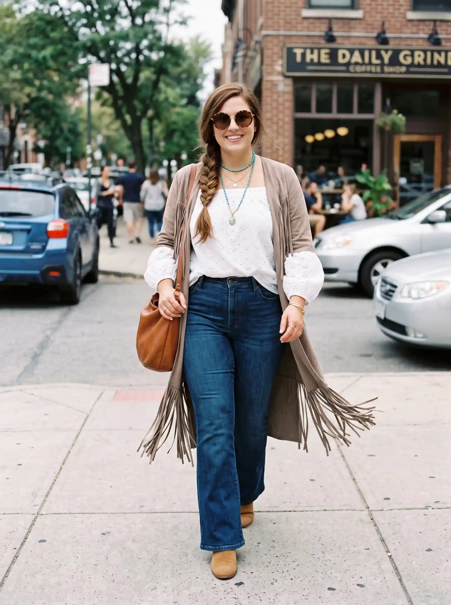 White Eyelet Blouse + Blue Flare Jeans + Fringed Duster