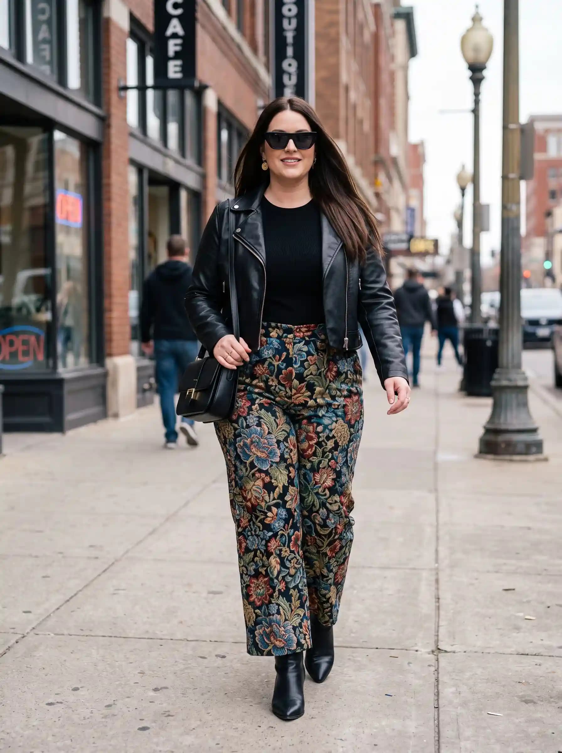 Black Leather Jacket + Black Top + Floral Print Wide-Leg Pants