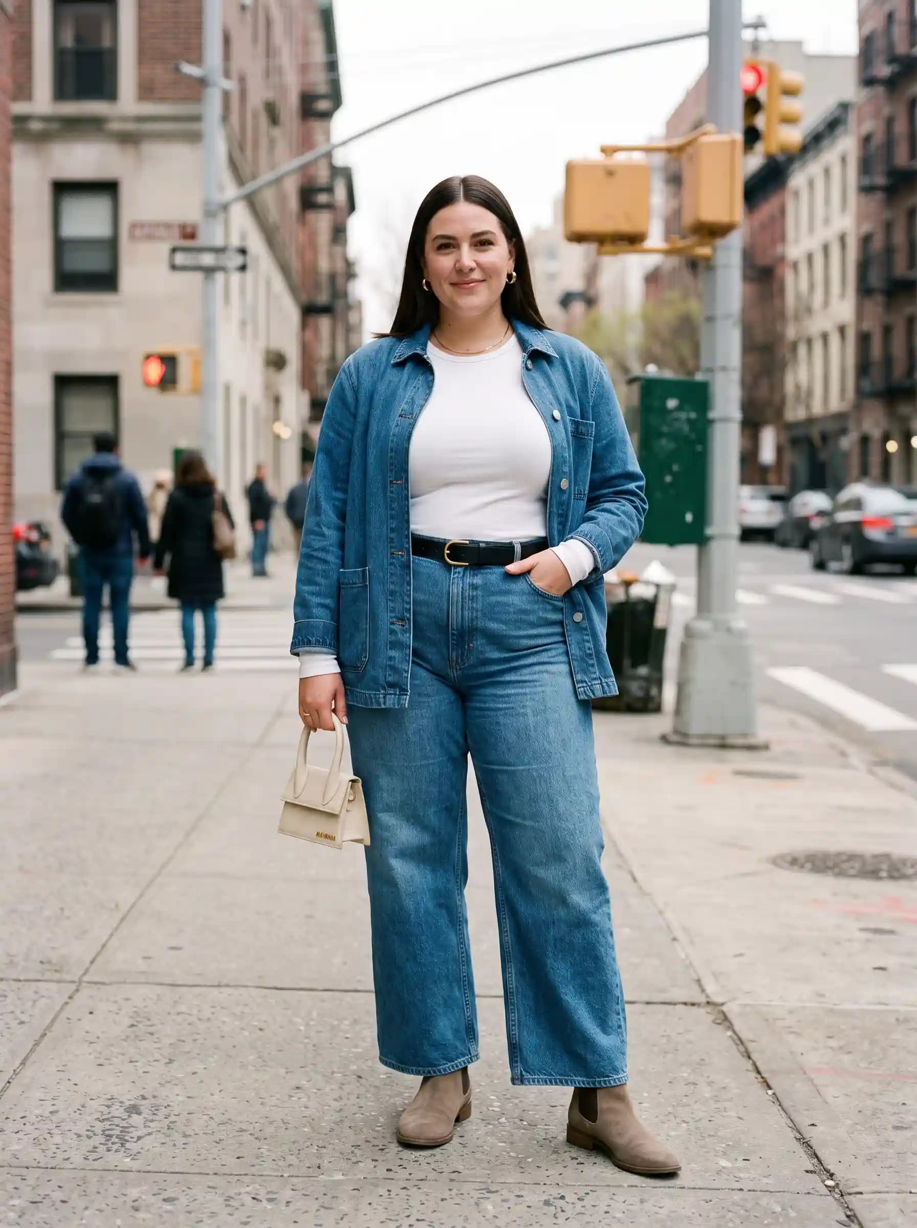 Denim Jacket + White Long-Sleeve Top + Wide-Leg Jeans