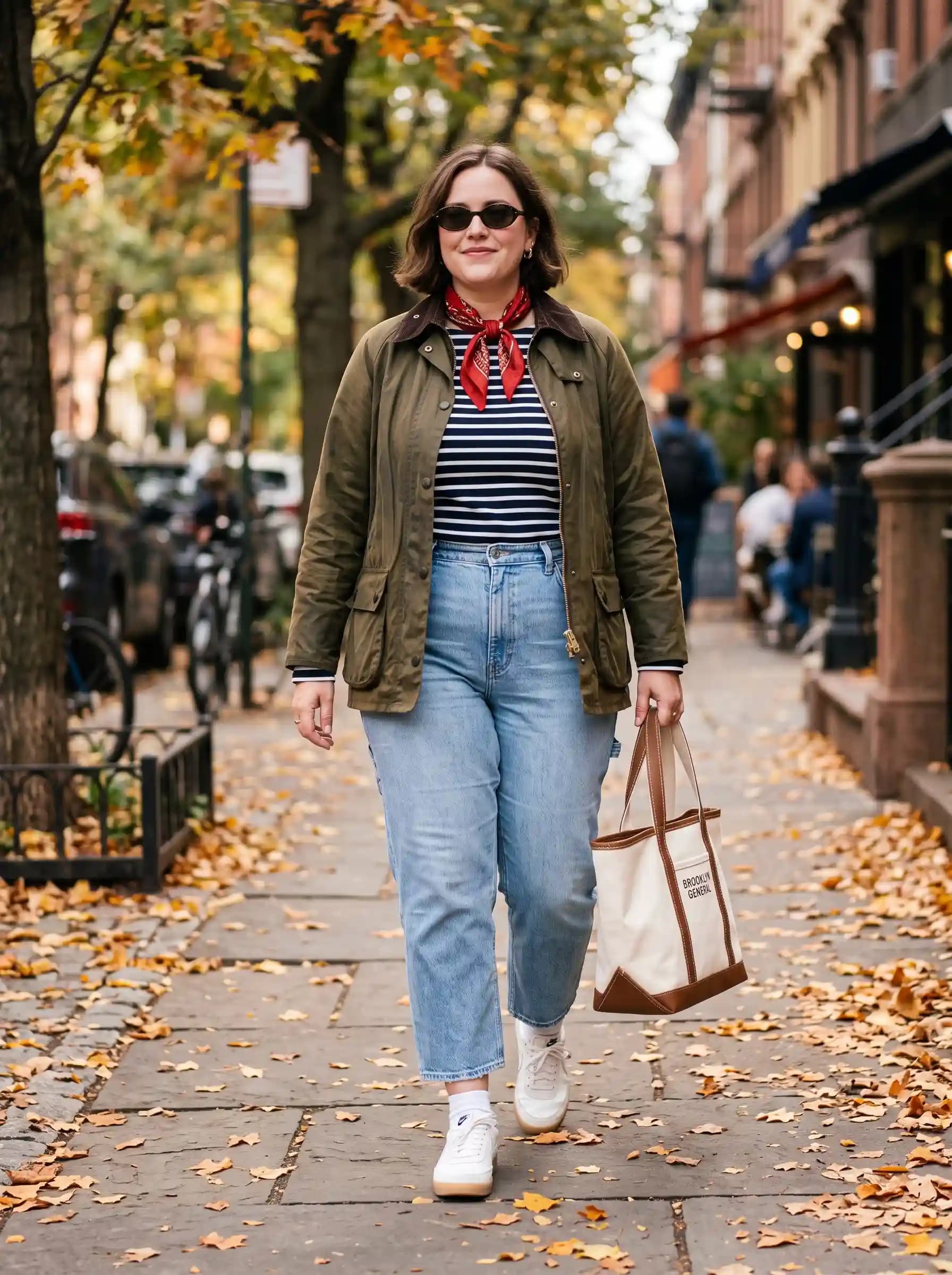 Olive Green Utility Jacket + Striped Long-Sleeve Top + Light Wash Jeans
