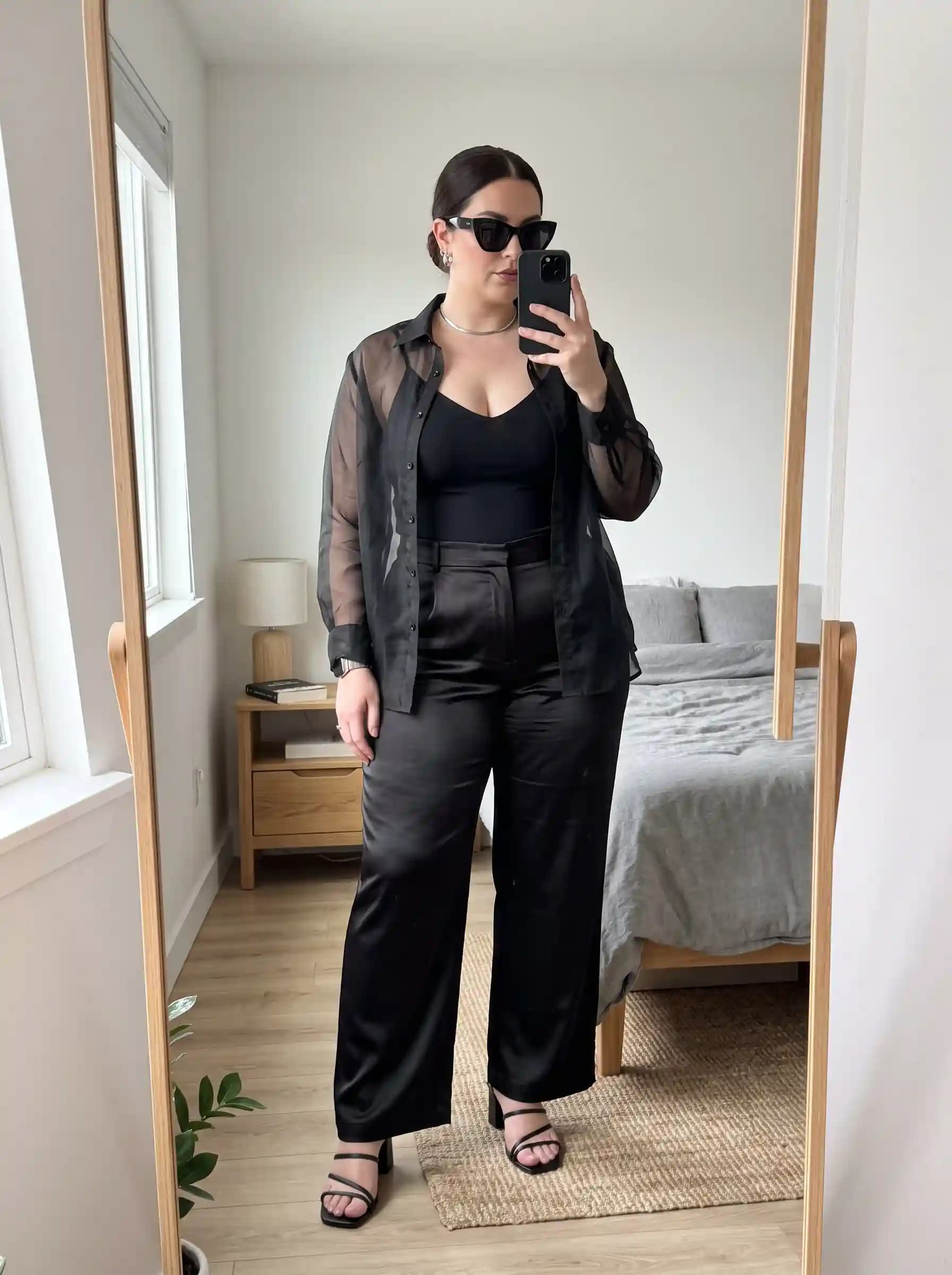 Black Bodysuit + Black Wide-Leg Satin Pants + Black Sheer Button-Up Shirt