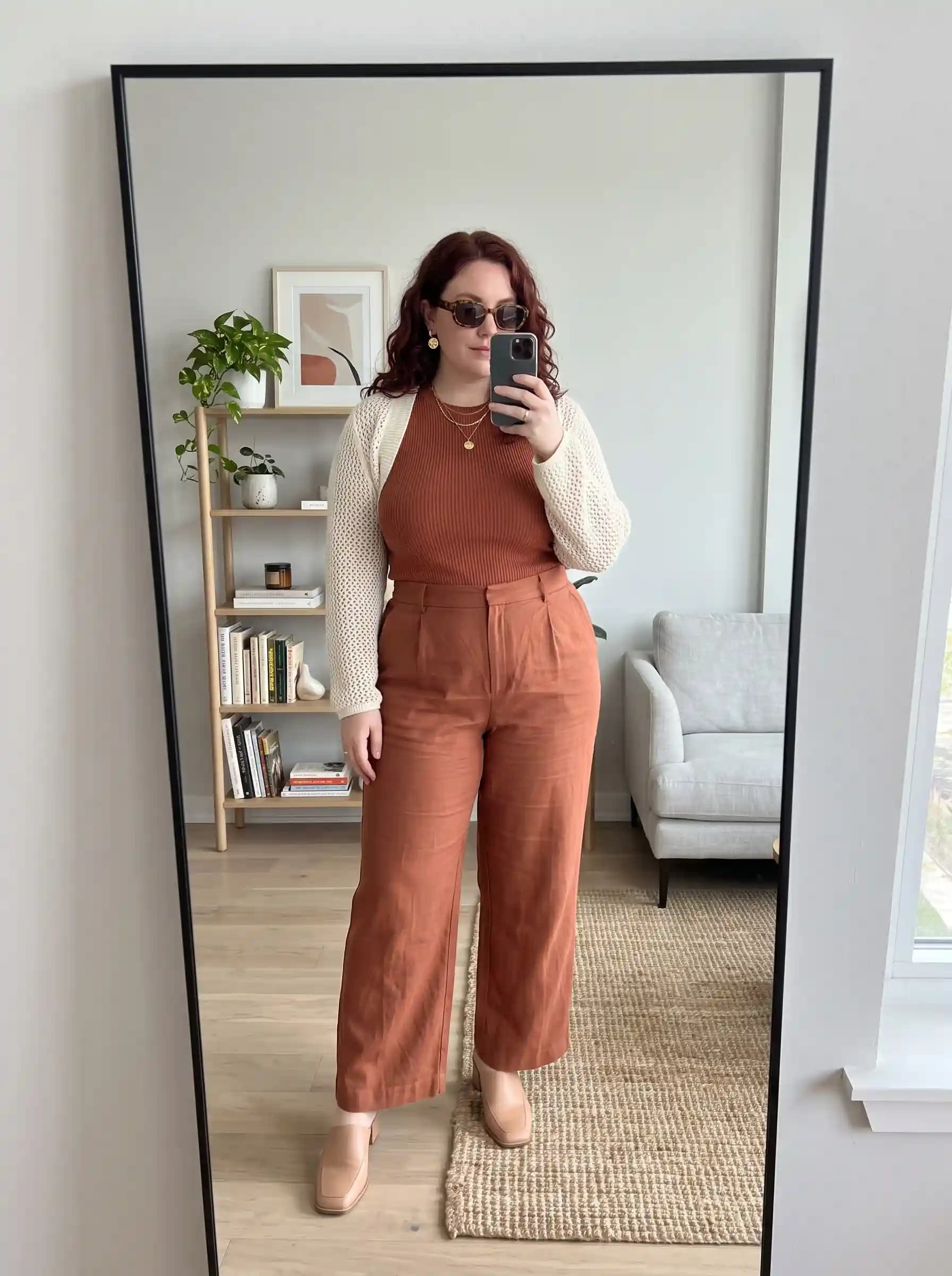Rust Ribbed Tank Top + Rust Wide-Leg Pants + Cream Crochet Cardigan