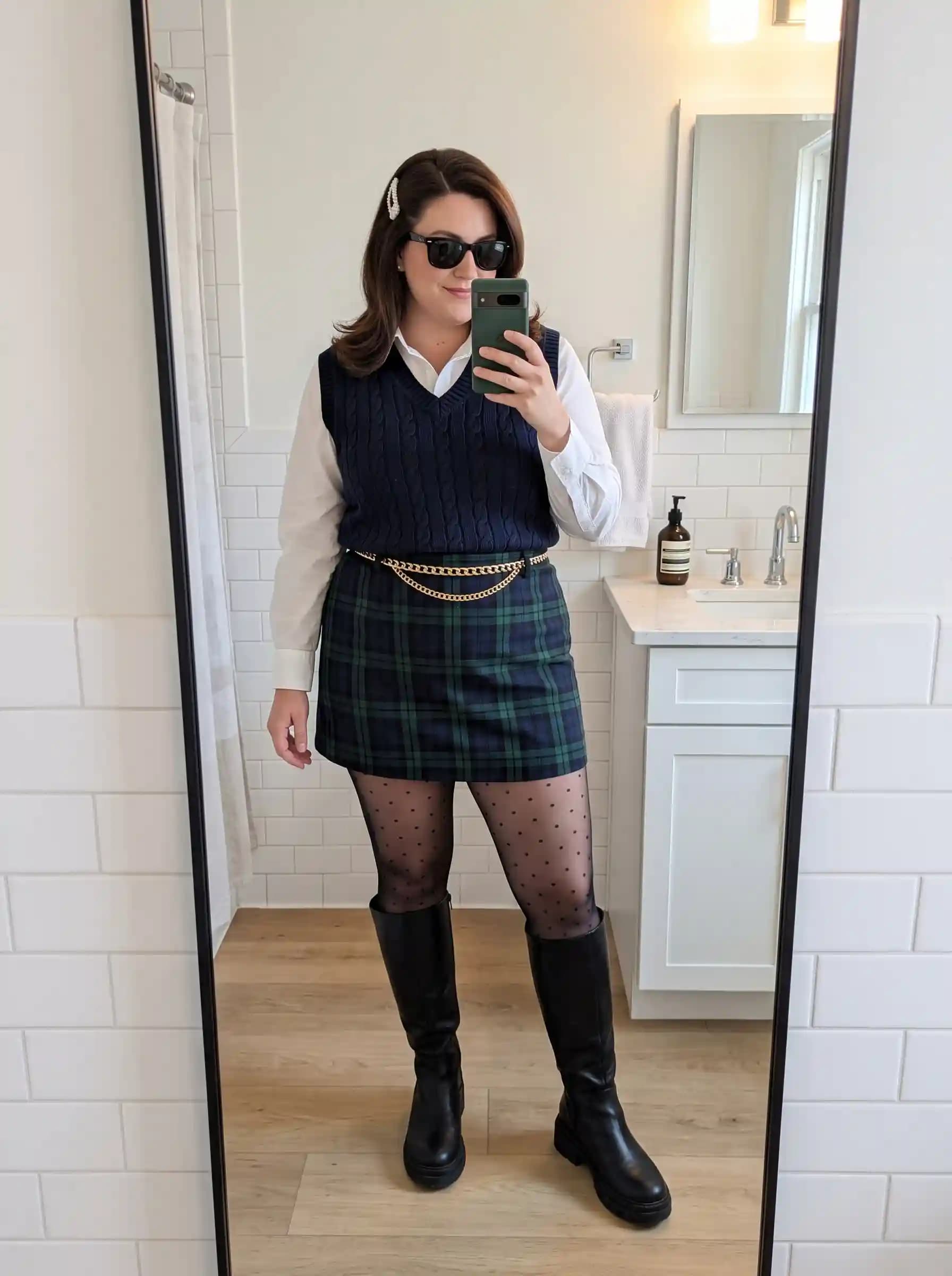 White Button-Up Shirt + Navy Cable-Knit Vest + Plaid Mini Skirt