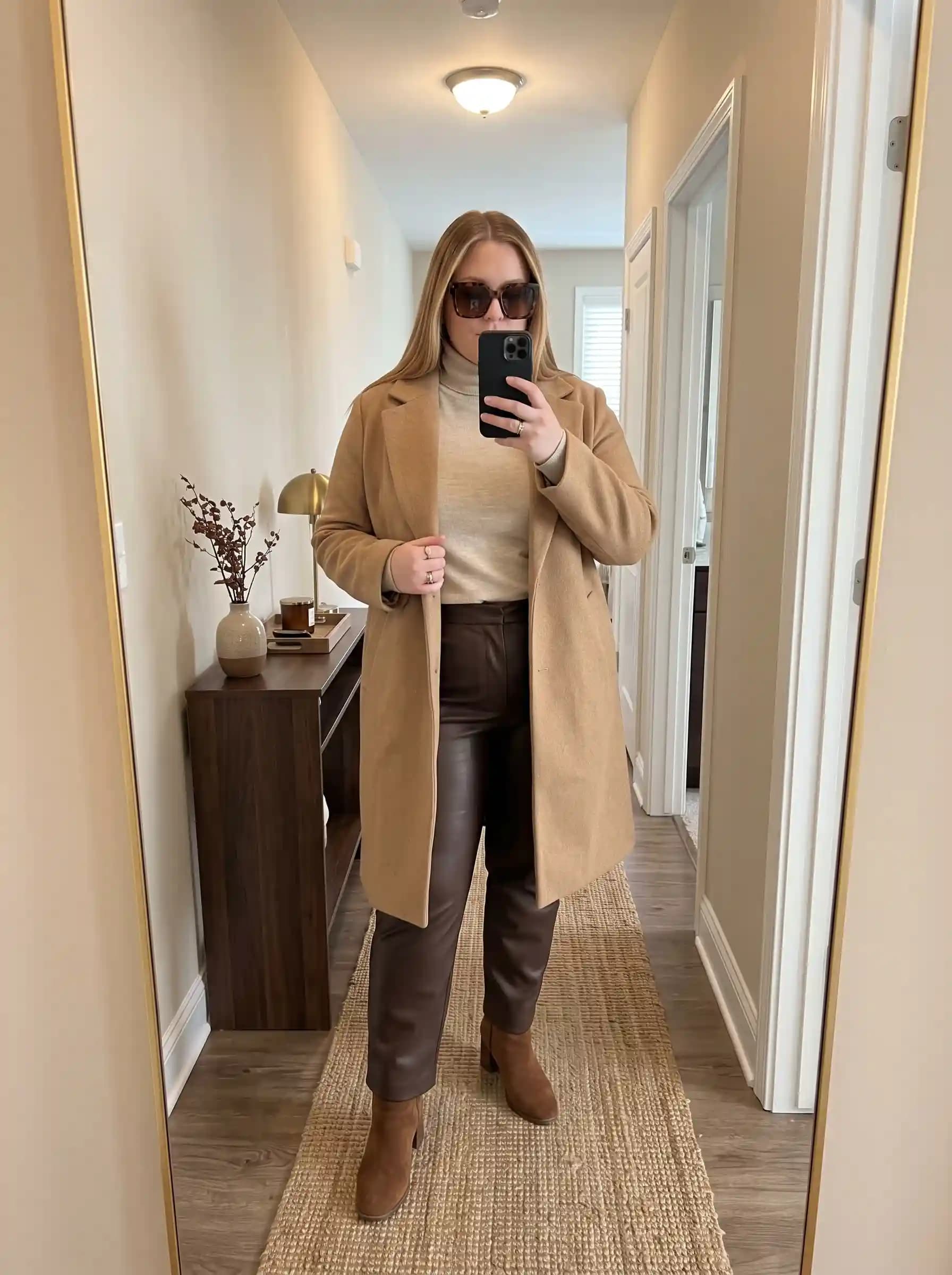 Beige Turtleneck + Brown Faux Leather Pants + Camel Coat