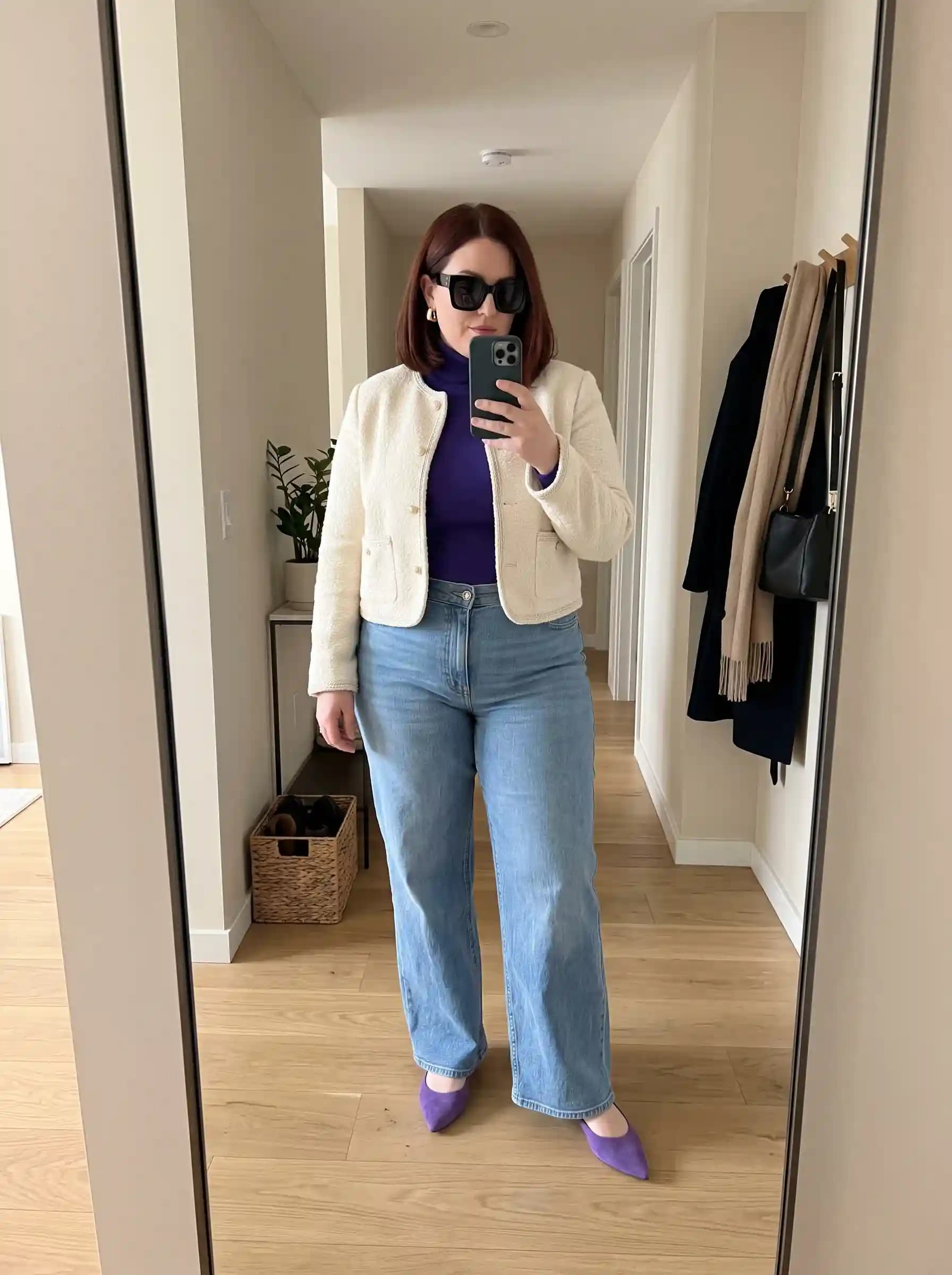 Ivory Tweed Cropped Jacket + Purple Turtleneck + Light Wash Wide-Leg Jeans