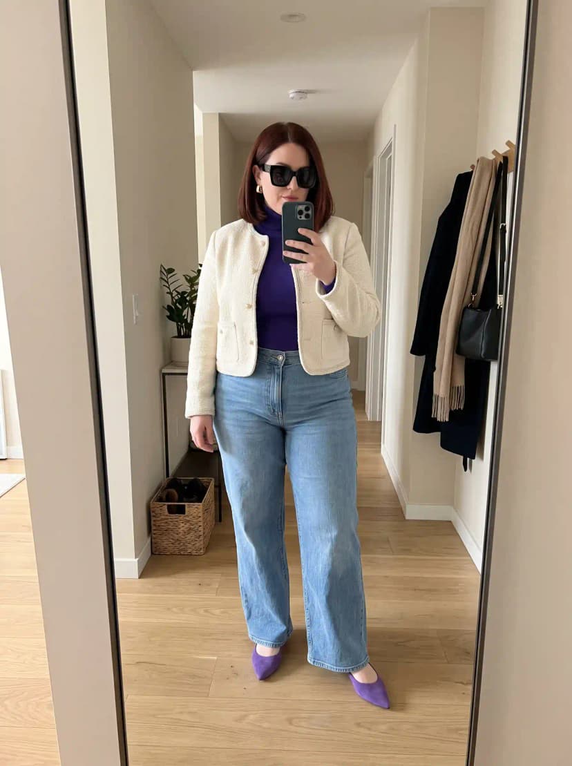 Ivory Tweed Cropped Jacket + Purple Turtleneck + Light Wash Wide-Leg Jeans