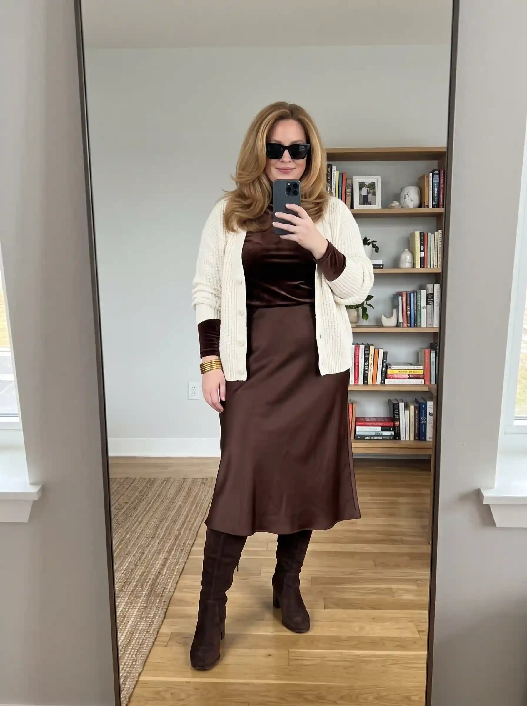 Cream Cardigan + Brown Velvet Slip Dress
