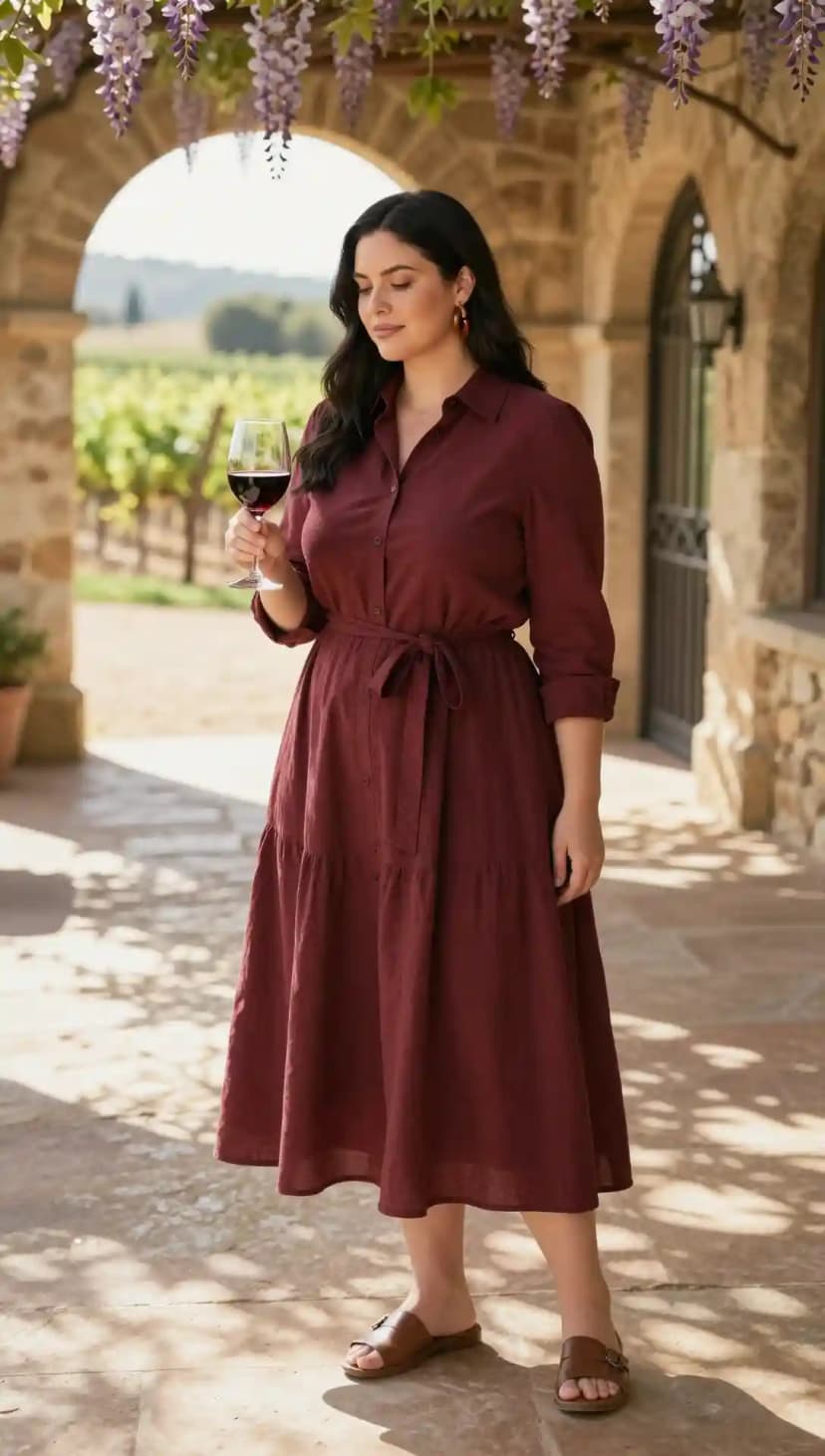 Maroon Linen Shirt Dress + Brown Leather Slides