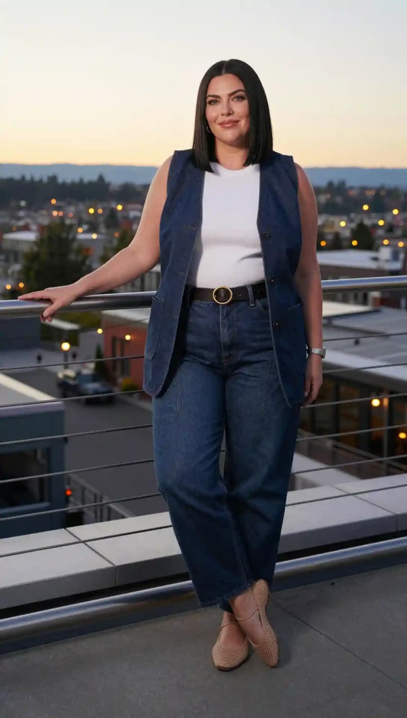 White Ribbed Knit Tank Top + Blue Denim Vest + Blue Denim Wide-Leg Jeans