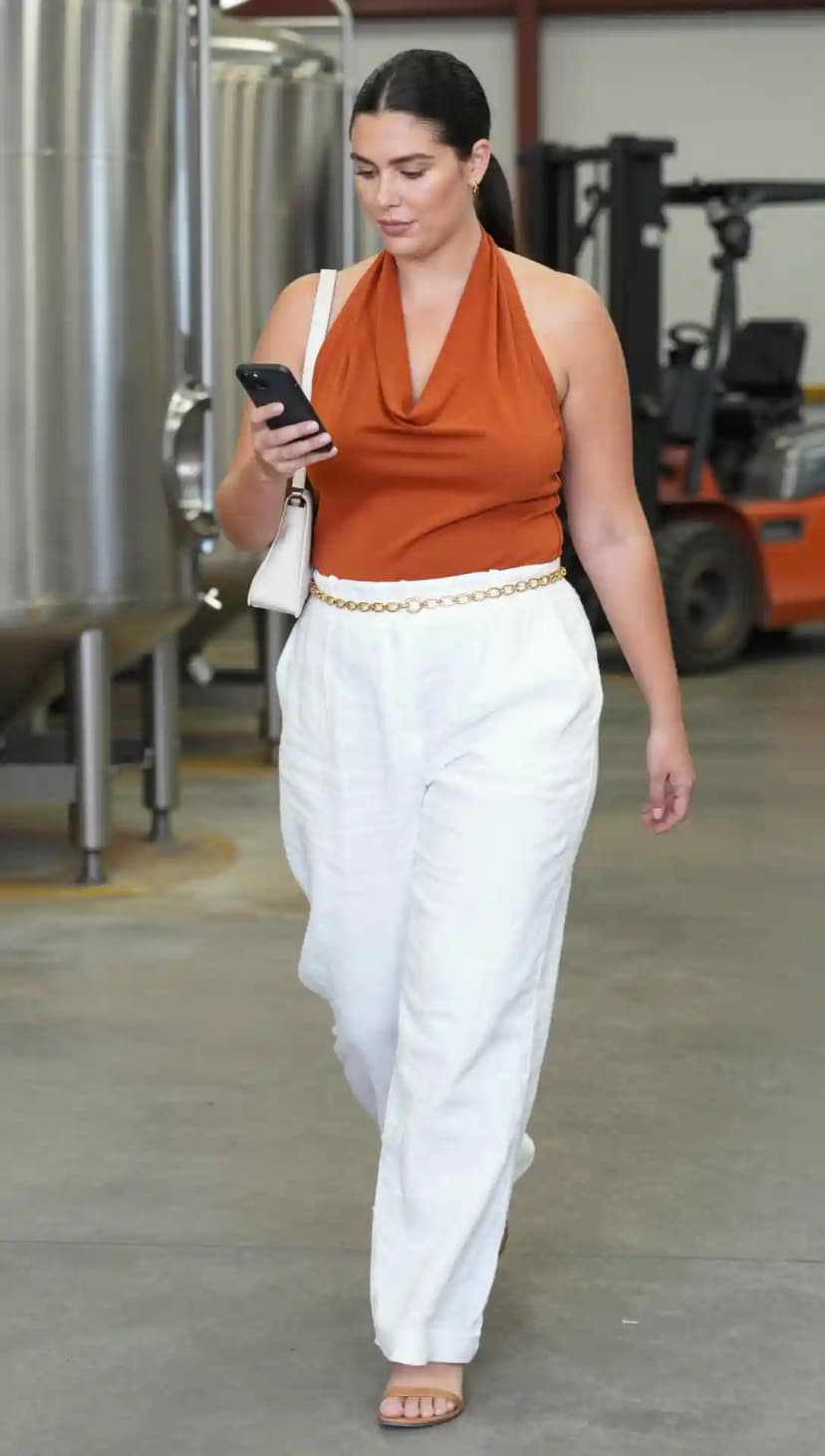 Rust Linen Halter Top + White Linen Trousers