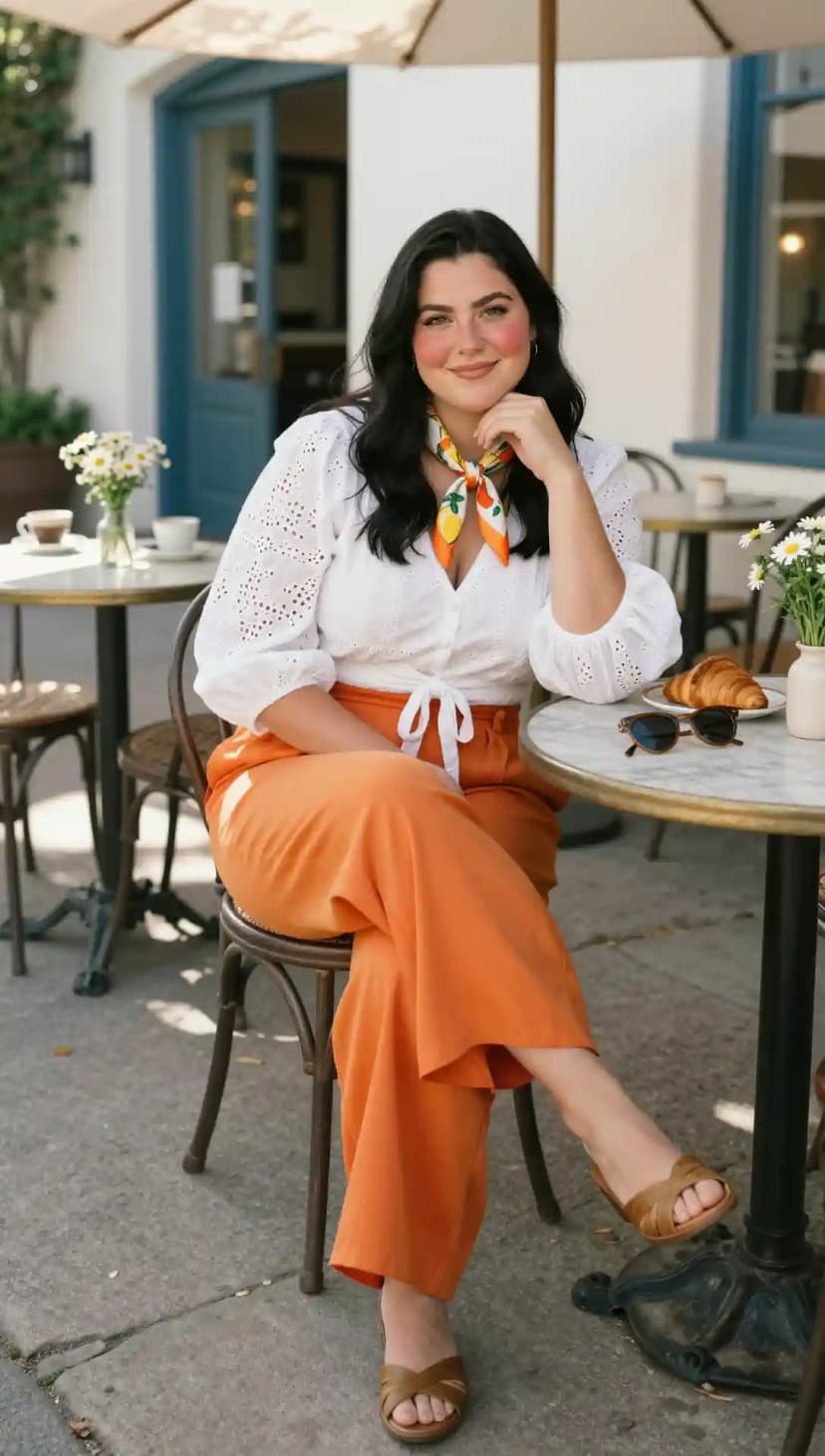 White Eyelet Cotton Blouse + Orange Linen Trousers