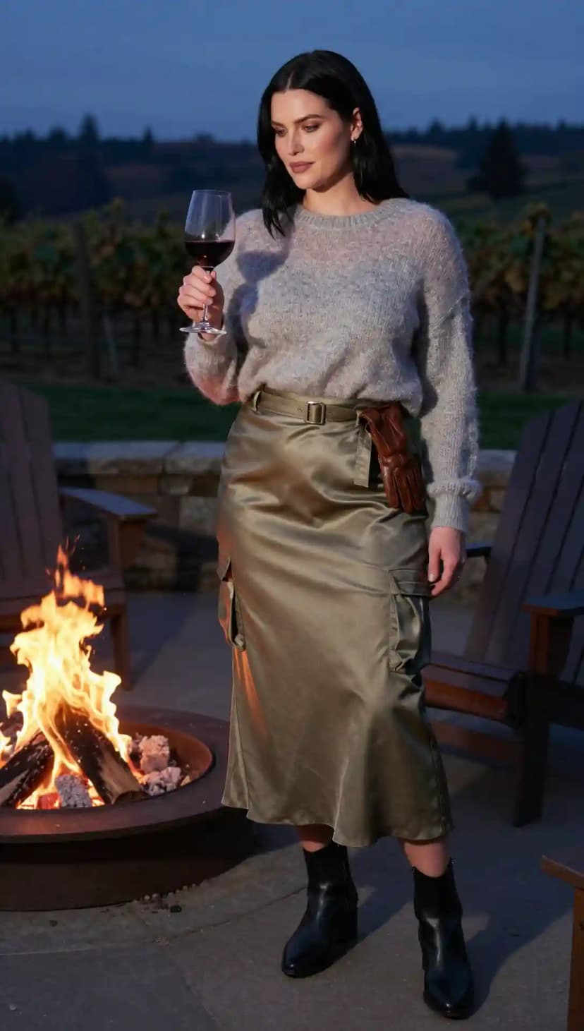 Grey Mohair Sweater + Olive Satin Cargo Skirt + Black Leather Ankle Boots