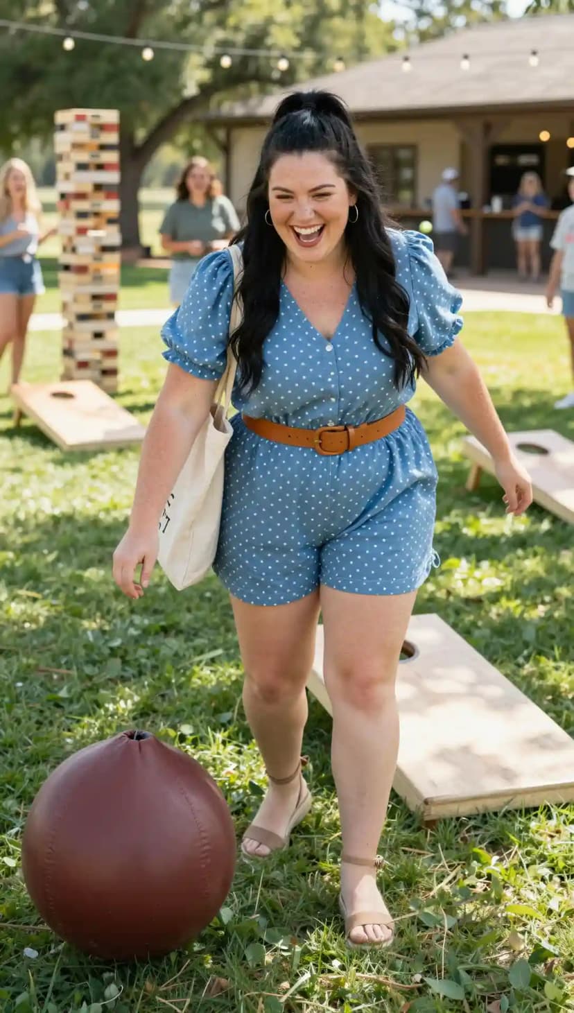 Blue Polka Dot Linen Blend Romper + Tan Suede Wedge Sandals
