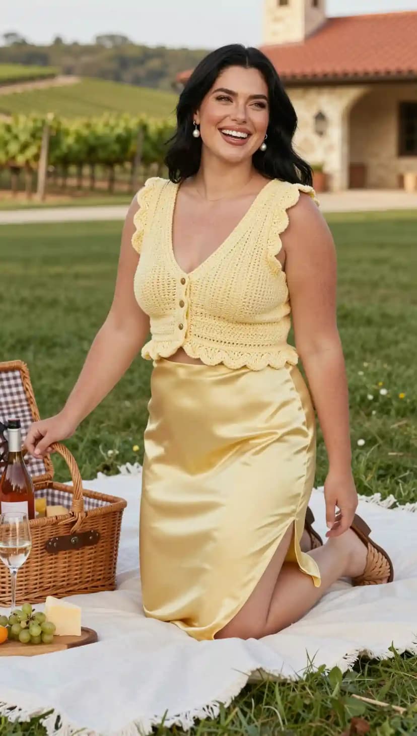 Yellow Crochet Crop Top + Yellow Satin Midi Skirt