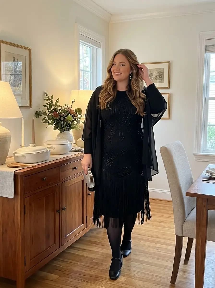 Black Beaded Fringe Dress with Black Sheer Cape